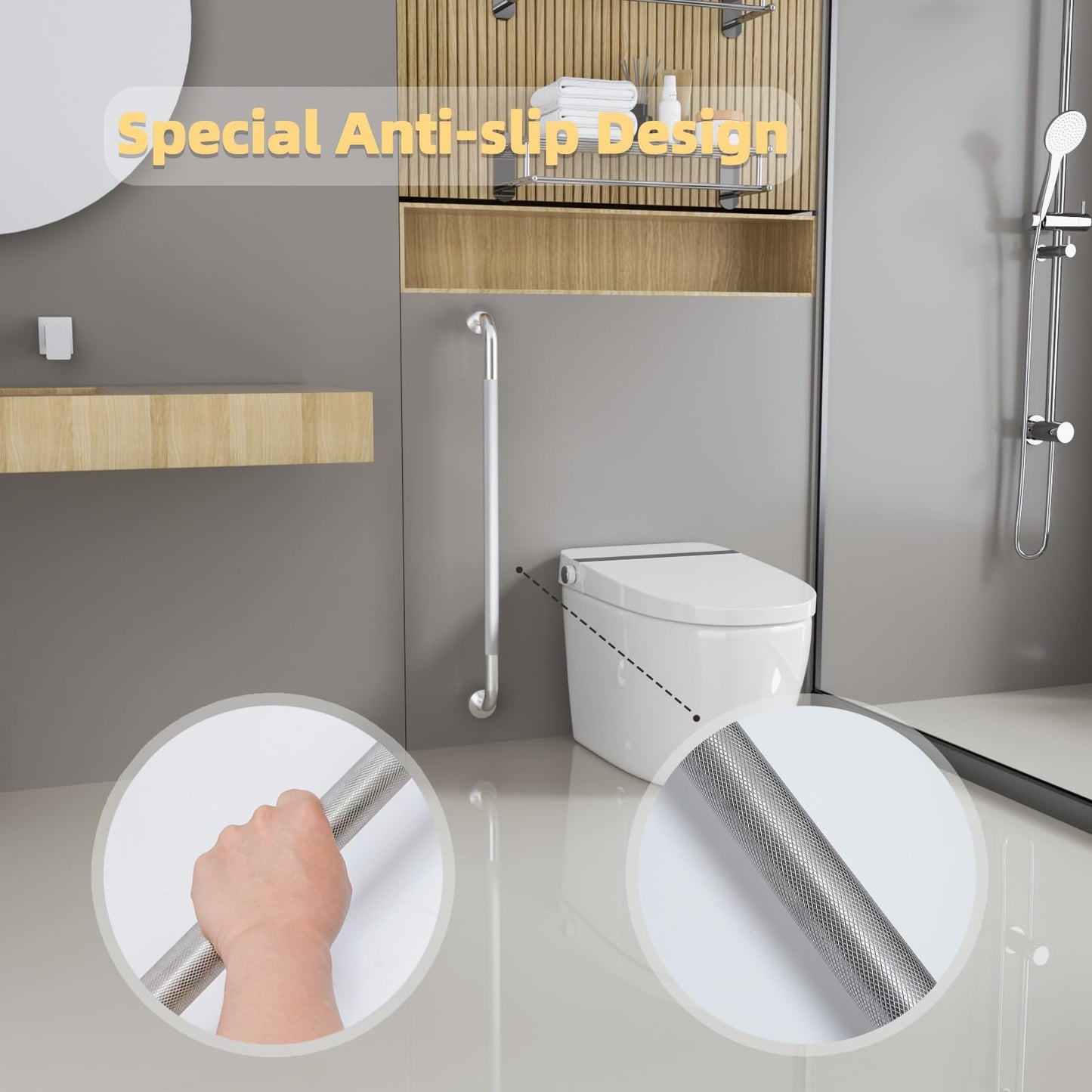 36 Inch Shower Grab Bar, Bathroom Grab Bar Handle with Anti-Slip Knurled Grip, Stainless Steel Bath Balance Bar, 1.25" Diameter Bath Safety Bar Support for Seniors Elderly Pregnant, Brushed Nickel