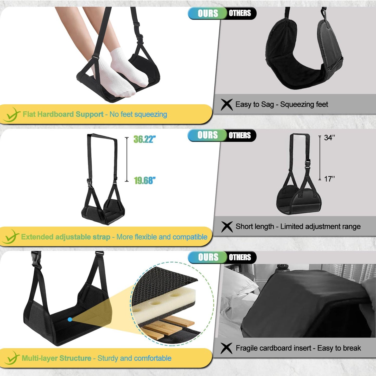 2-Pack Airplane Foot Hammock, No Collapse Thickened Bamboo Airplane Foot Rest with Extended Adjustment Strap, Portable Desk Foot Hammock, Foot Sling Travel Essentials to Relax Your Feet