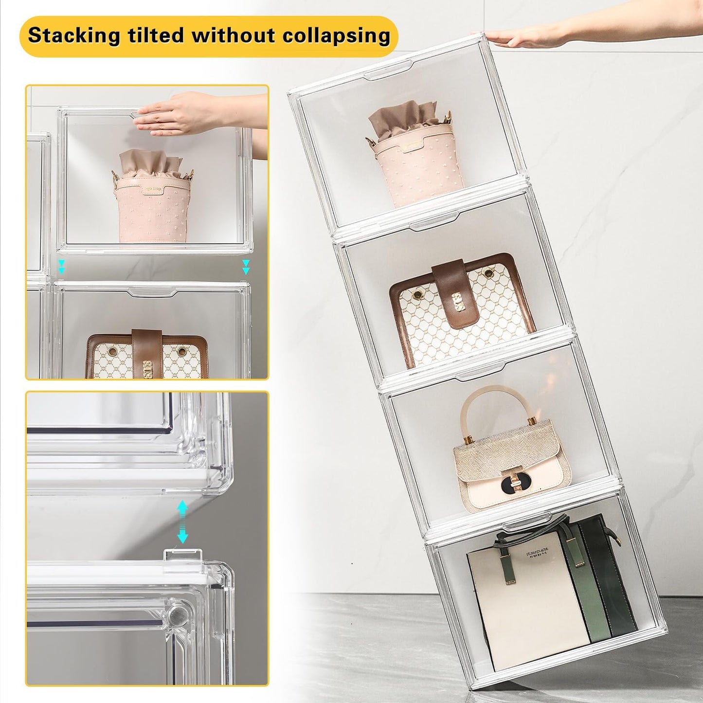 GUDEMAY Clear Stackable Plastic Storage Bins with Magnetic Lid & LED Light – Acrylic Display Case for Collectibles, Dolls, Books, Cosmetics, Purses – Dustproof Showcase, Shoe Boxes (3 Pack)