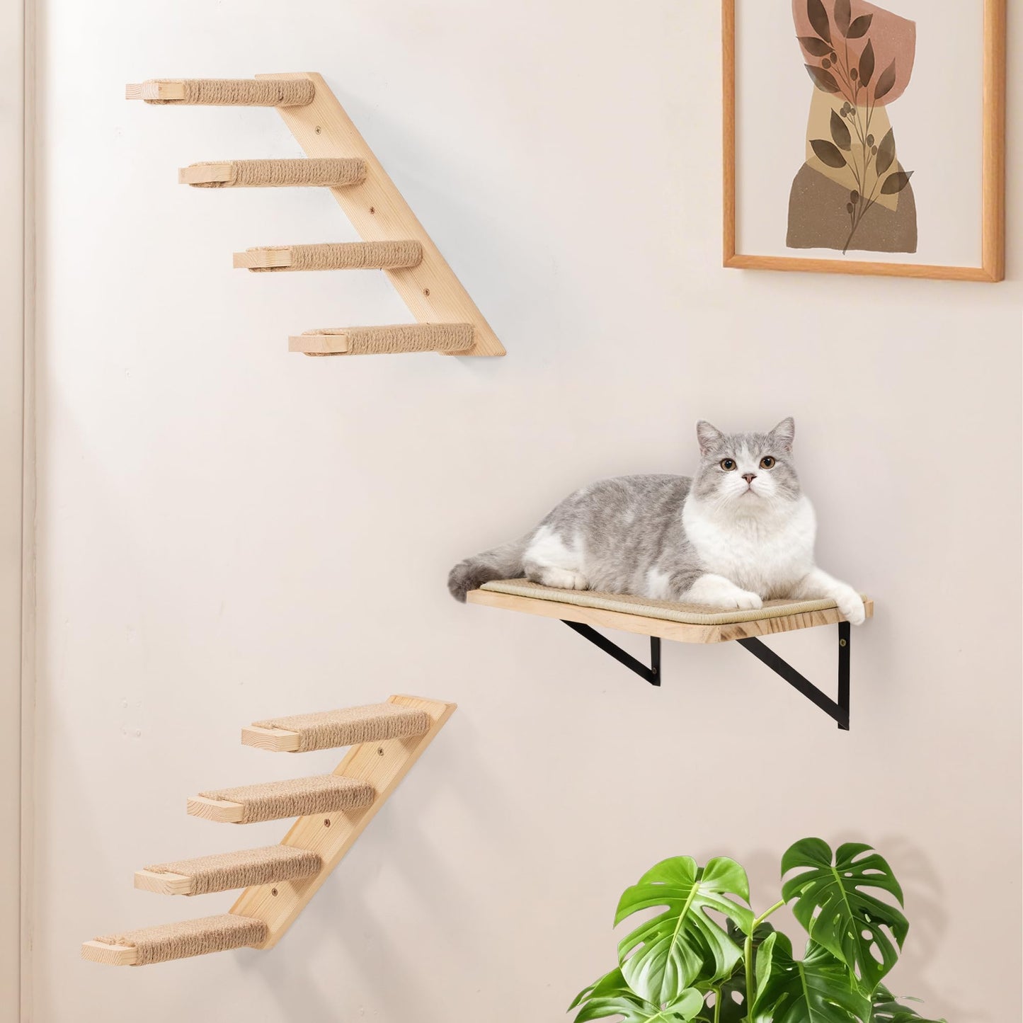 PELUOMOZ Cat Wall Shelves 2PCS Four Steps Reversible Left & Right Direction, Cat Shelf Stairway for Wall with Jute Scratching Ladder Cat Furniture for Perch Sleeping