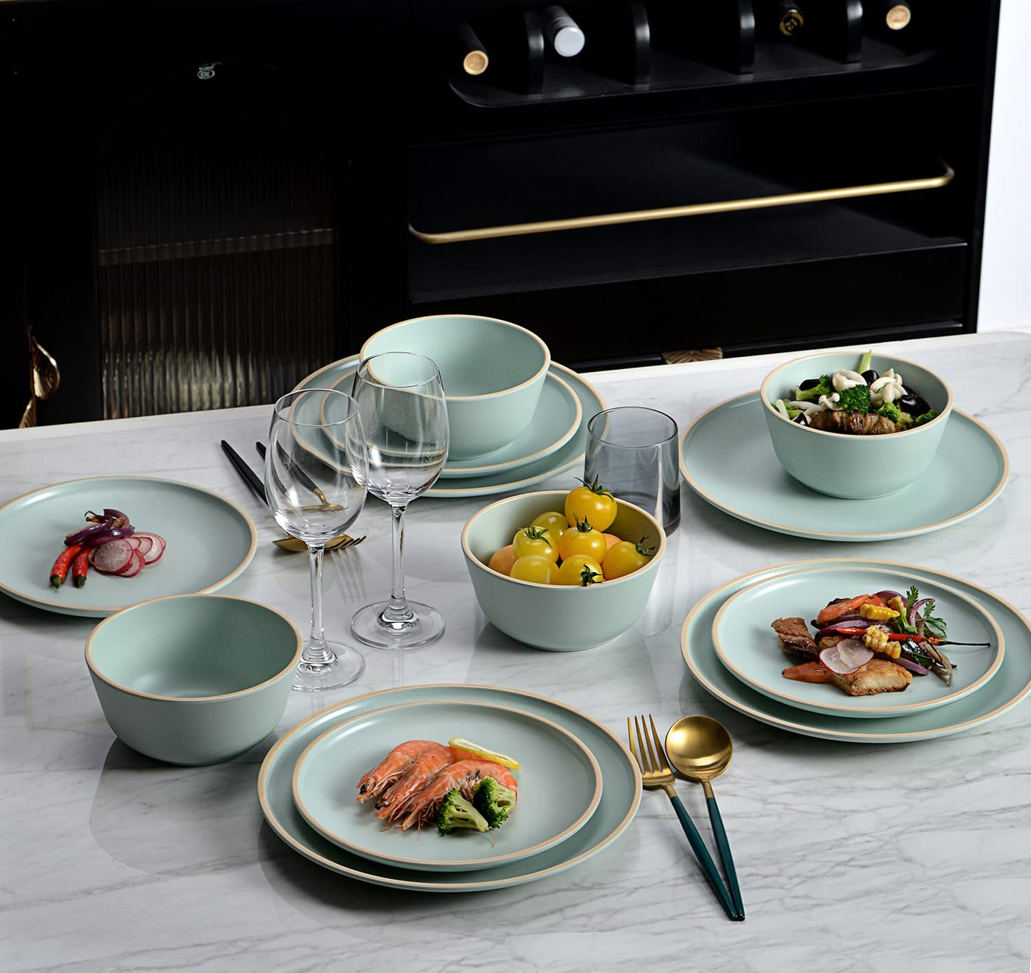 Gufaith Melamine Dinnerware Sets, Plates and Bowls Sets 12 Pcs, Melamine Plates, Dish Set for 4, Unbreakable Dinnerware Set for Party, BPA Free, Suitable Indoors and Outdoors (Mint Green)