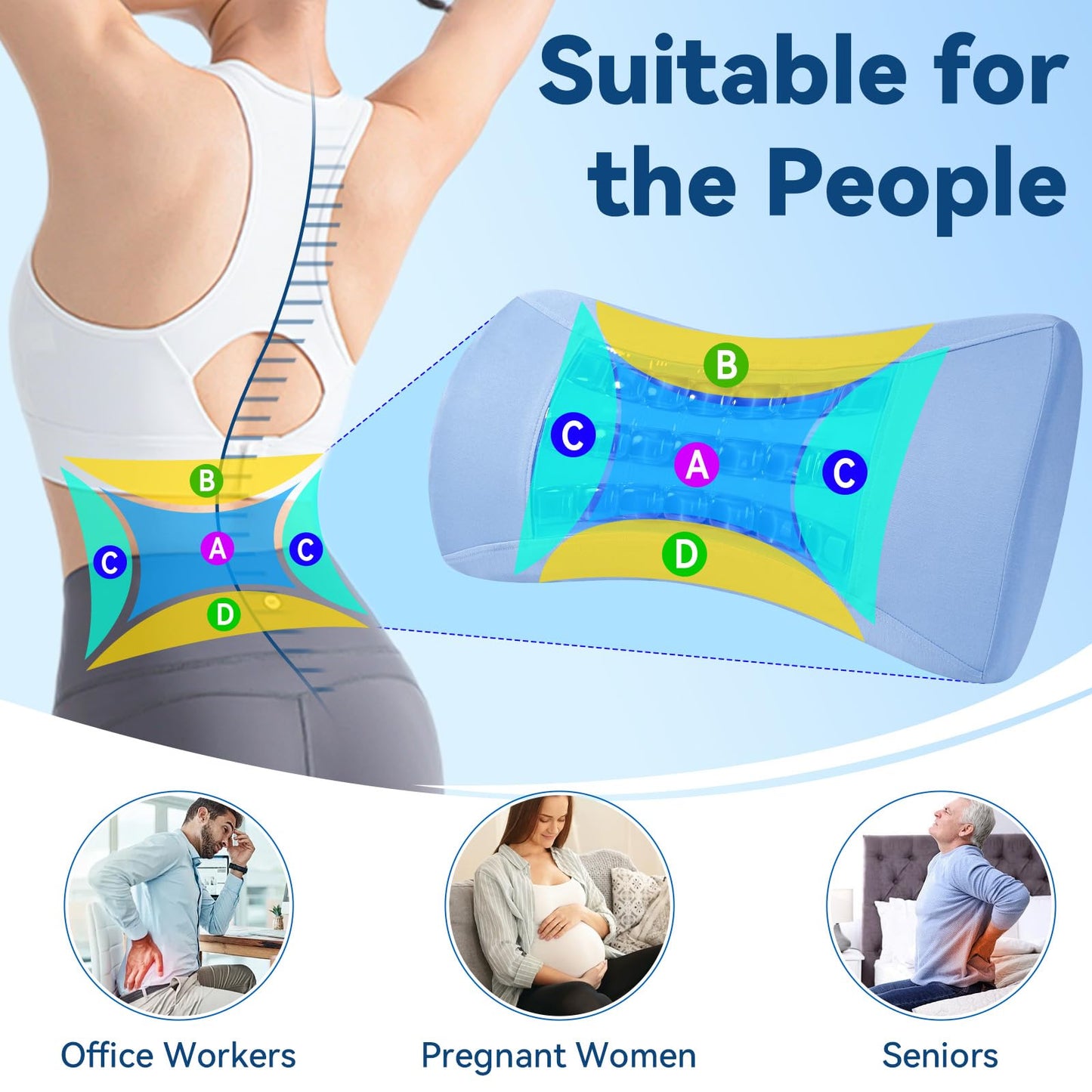 Lumbar Support Pillow for Sleeping, Memory Foam Lower Back Pillow with Cooling Gel, Ergonomic Back Support for Side & Back Sleepers, Removable Breathable Cover for Bed, Sofa & Car