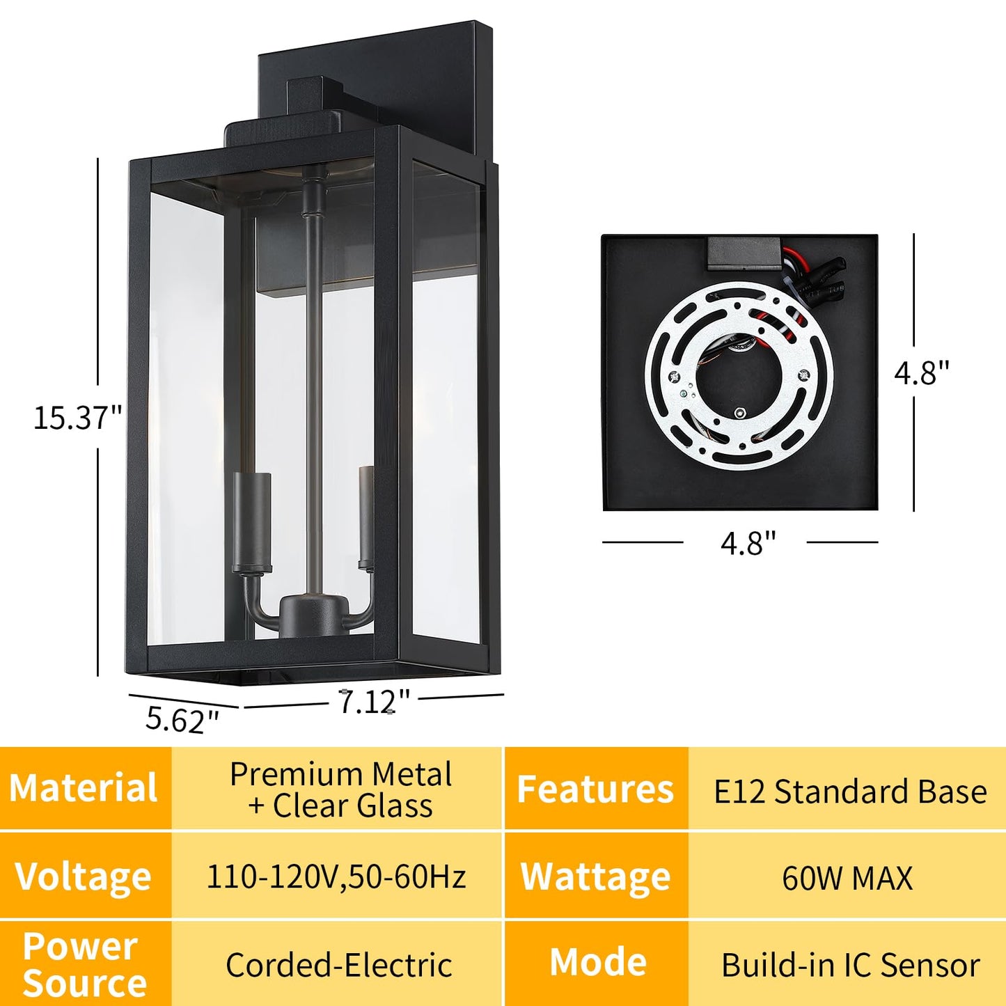 15.5" Black Outdoor Wall Lantern 2-Light, Outside Modern Wall Sconce Light Fixture, Industrial Porch Light Wall Mount with E12 Sockets, Waterproof Exterior Lamp Lighting, 1 Pack
