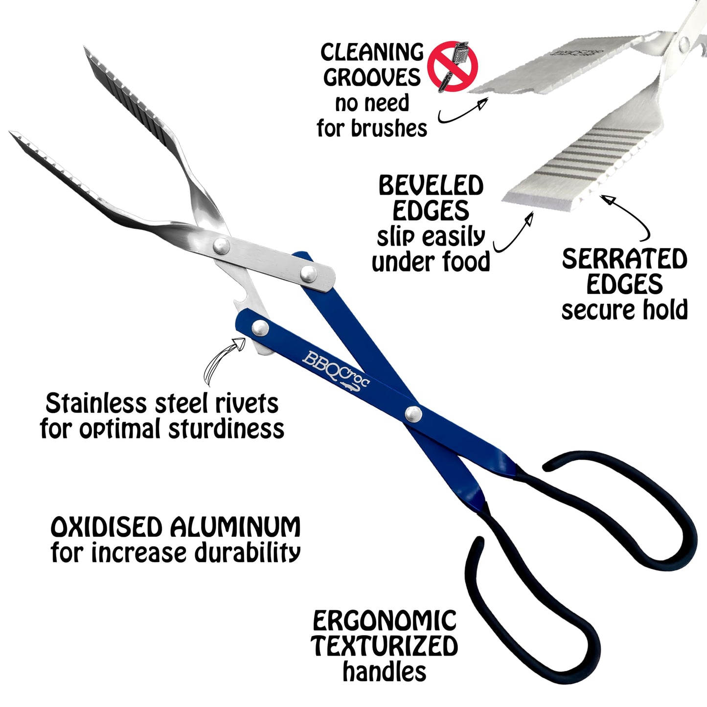 BBQ Croc 3 in 1 Barbecue Tool 18-inch - Light and Long Tongs, Spatula and Grill Scraper (Blue) (18 inch Without Flashlight)