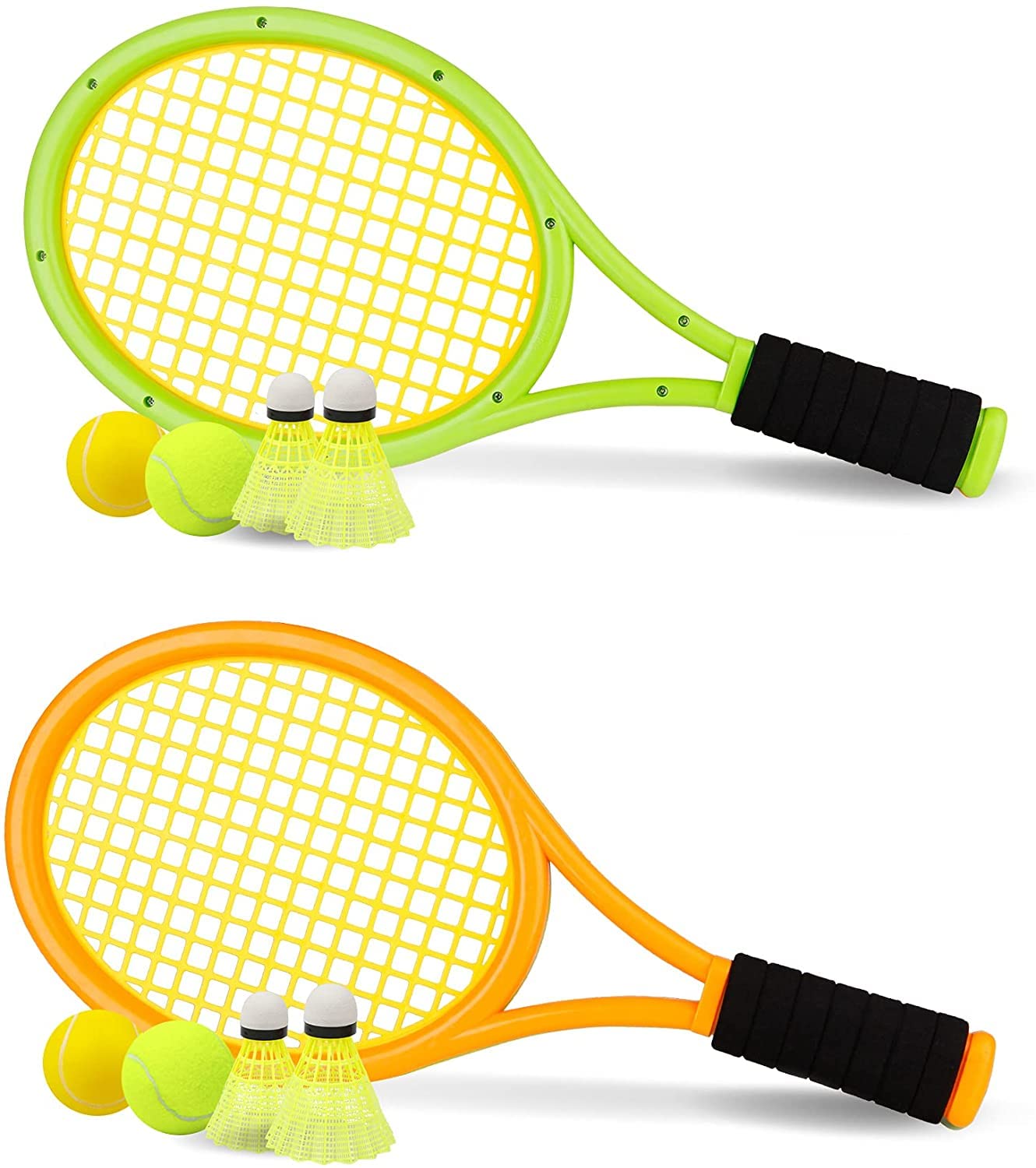 Nileatry Toddler Tennis Racket, Kids Badminton Set Include 2 Soft Ball, 2 Tennis Ball and 4 Badminton Shuttlecocks for Baby, Orange&Green