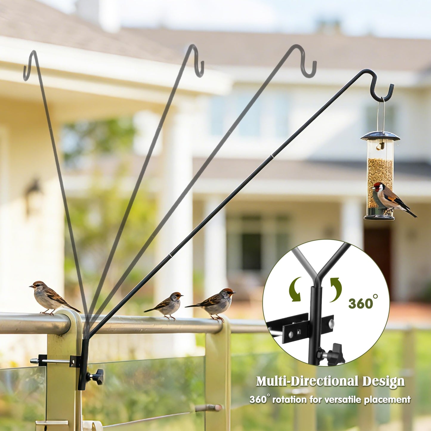 MIXXIDEA Heavy Duty Extended Fence Deck Hook Rail Hook Bird Feeder Hook, 360 Degree Rotary and Length Adjustable Plant Bracket for Bird Feeders, Planters, Suet Baskets, Lanterns, Wind Chimes and More