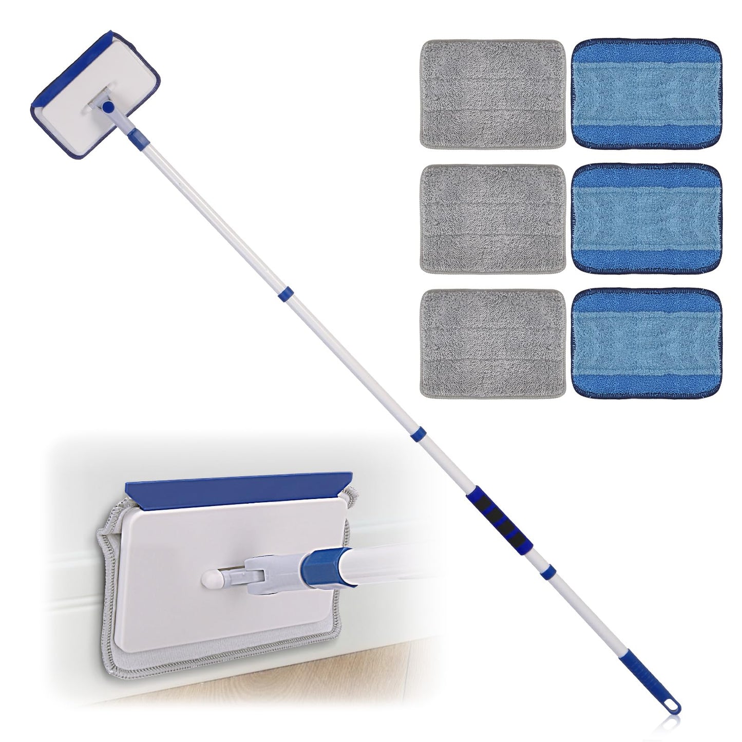 Qaestfy Baseboard Cleaner Tool with Handle, Wall Floor Mop with Extendable Long Handle Duster for Cleaning Window, Floor, Skirting Board, Ceiling, Shower, Tub Tile, Kitchen with 6 Reusable Pads