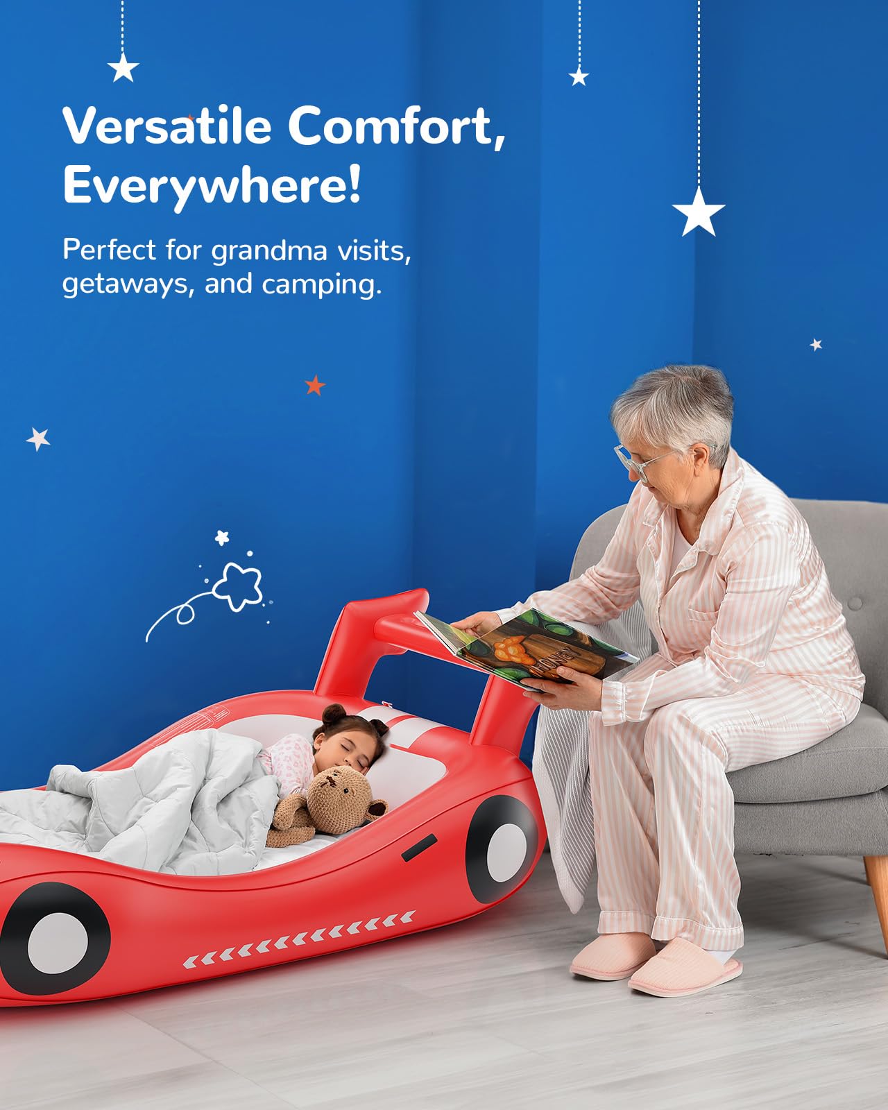 QPAU Inflatable Toddler Travel Bed, Kids Air Mattress with Safety Bed Rail, Portable Blow Up Mattress with Hand Pump for Camping, Traveling, Vacation, Hotel, or Home Use (Red)