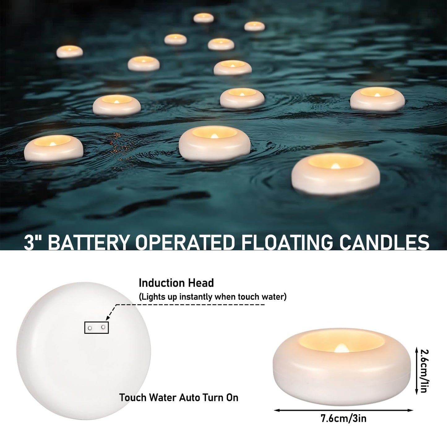 24 Pack 3”Floating Candles Water-Activated Flameless LED Candle, 120 Hour White Battery Operate Waterproof Tealights for Cylinder Vases, Centerpieces at Wedding, Party, Pool,Romantic,Christmas Gift.