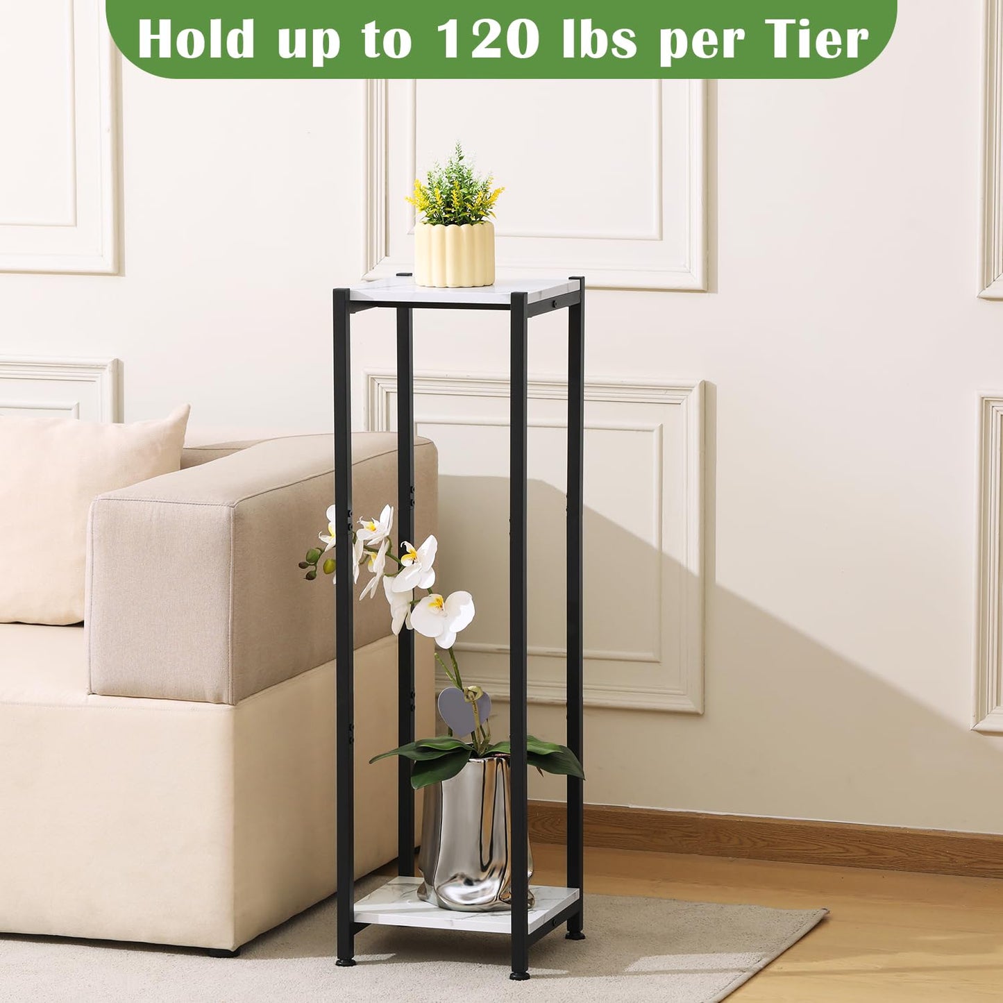 Dipion Extra Tall Plant Stand Indoor,40 Inch Plant Stands,2 Tier Metal Plant Stand with Heavy Duty Wood,Marble White and Black