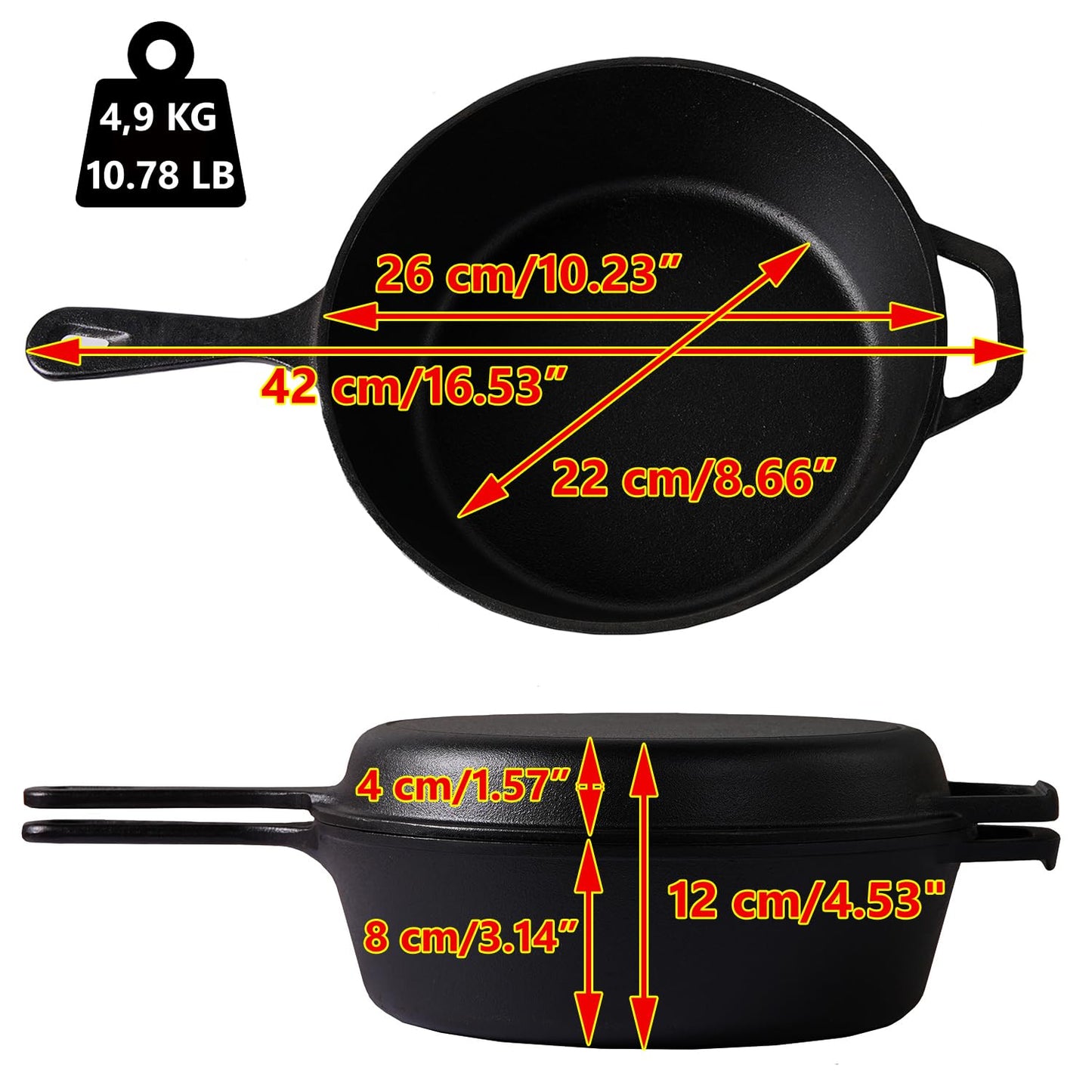 Cast Iron Skillet (Extra DEEP) - 10.25"-Inch (26 cm) with Skillet Lid, Frying Pans + Silicone Handle Holder Covers - Oven Safe Cookware - Indoor/Outdoor - Use on Any Stovetop, Grill, Induction Safe