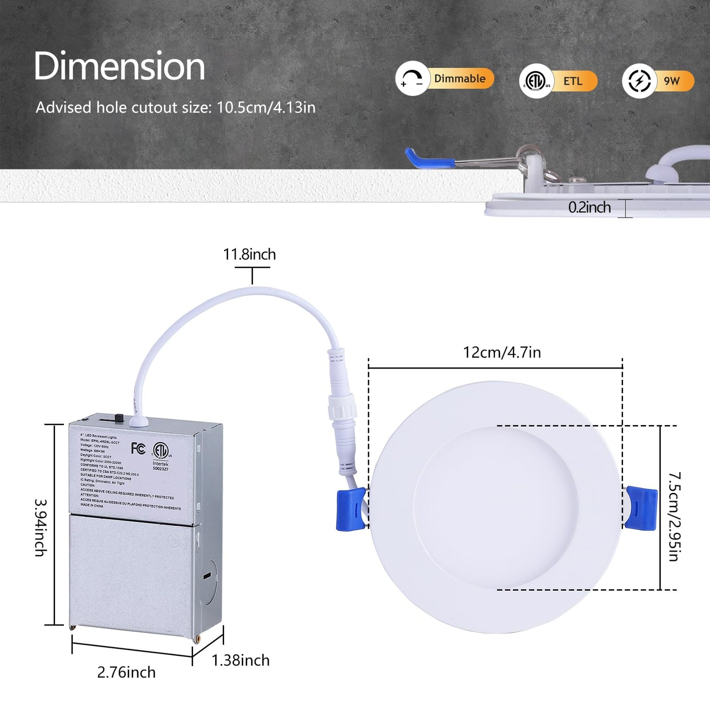 CycevSun Pot Lights LED 4 inch Slim Recessed Lighting with Night Light, Dimmable & 5CCT Selectable, Lumiere Encastre Plafond, Downlight Panel 9W, cETL, 6 Pack