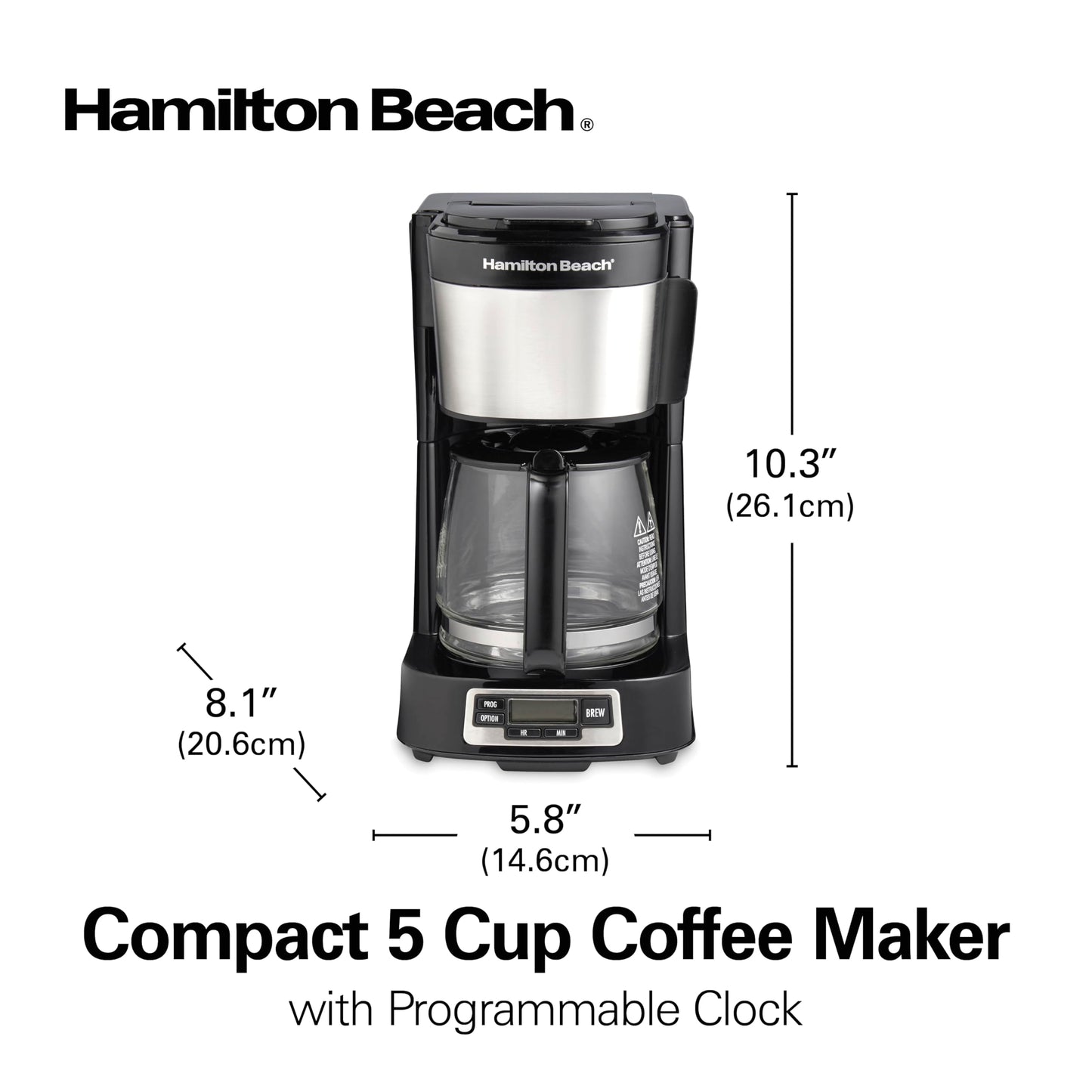 Hamilton Beach 5 Cup Compact Programmable Coffee Maker, FrontFill Water Reservoir, Small Drip Coffee Maker with Glass Carafe, Auto Pause & Pour, Space-Saving Design, Black & Stainless Steel (46111)