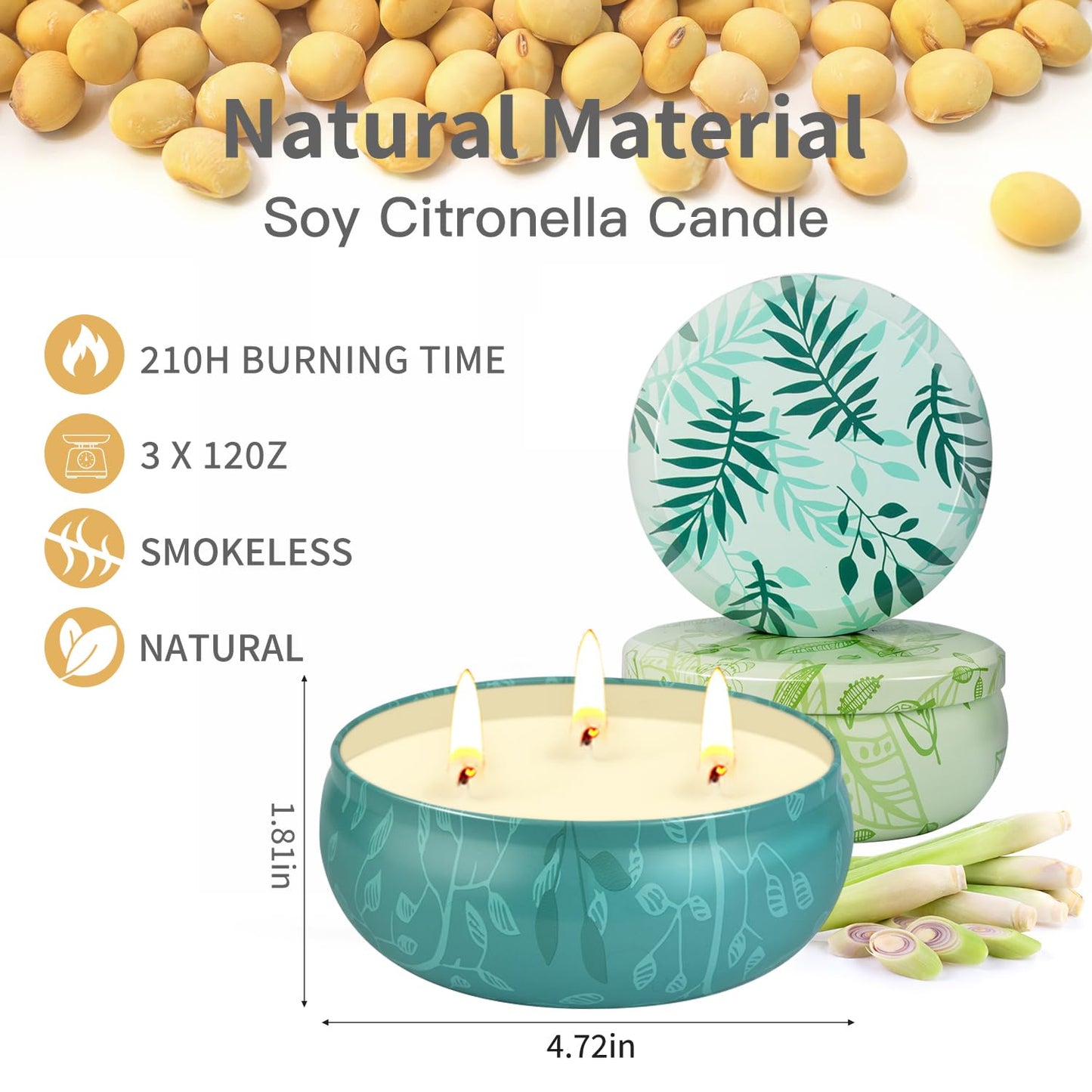 Citronella Candles Outdoor Indoor, Large Citronella Candles for Patio, 3 Pack 12oz Summer Candle Bulk for Home Scented Garden Yard Balcony Camping Party Decorative, 210 Hours Long Burning, 3 Wick