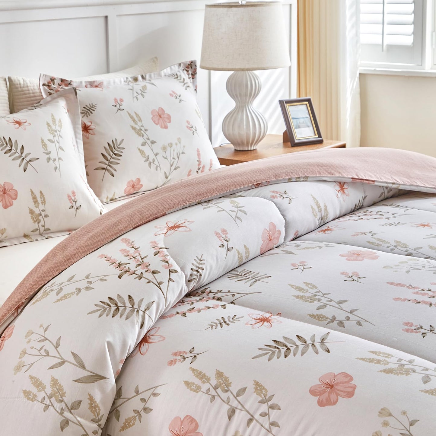 Joyreap 3pcs Floral Cotton Comforter Set for Girls, Pink Flowers n Leaves Botanical Design, Queen Size Soft n Cozy Bedding Comforter Set for All Season- 88x88 inches