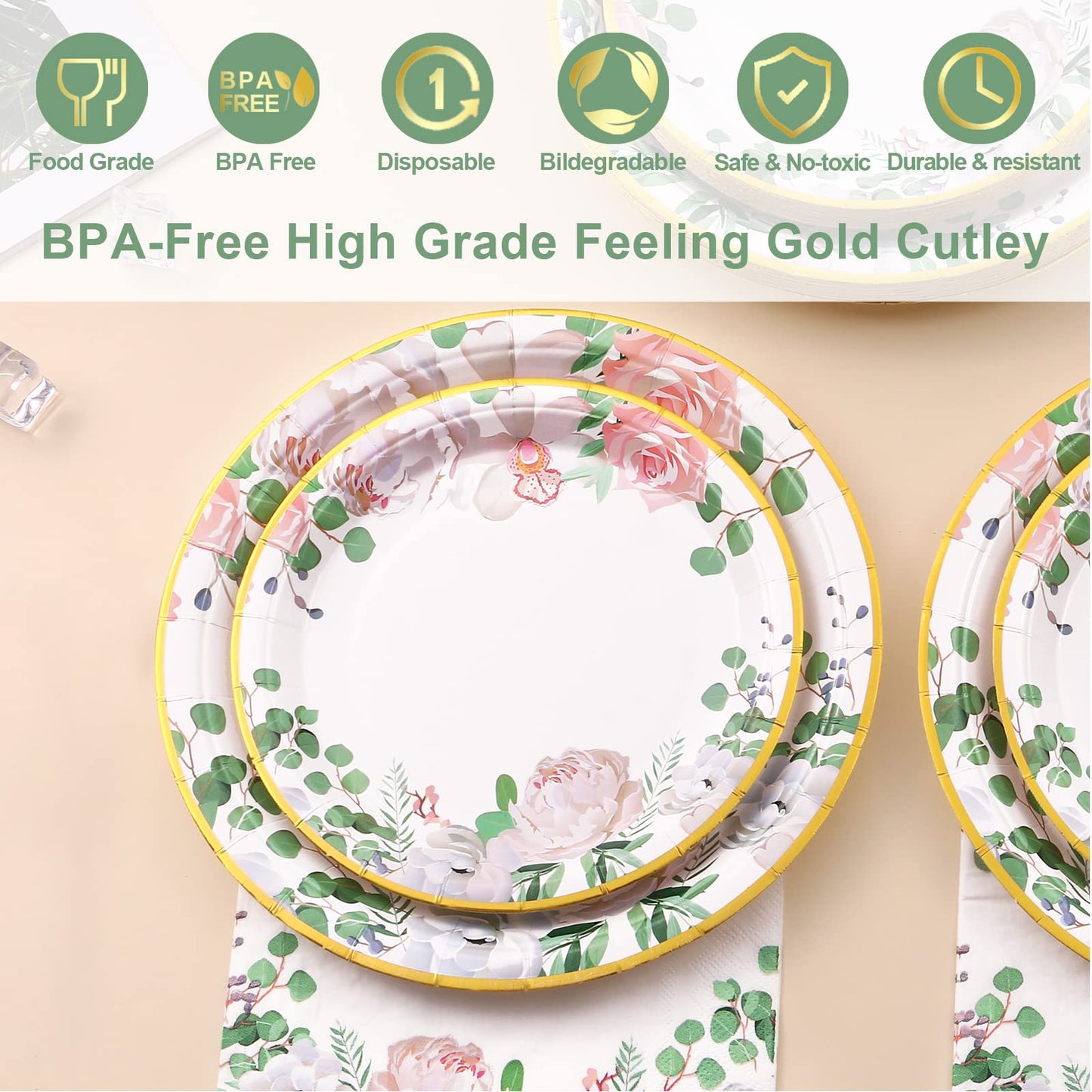 Floral Party Decorations - Bridal Shower Plates & Napkins Set for 24 Guests - Tea Party Themed Decorations, Floral Paper Plates, Cups & Napkins for Baby Shower, Birthday, Wedding
