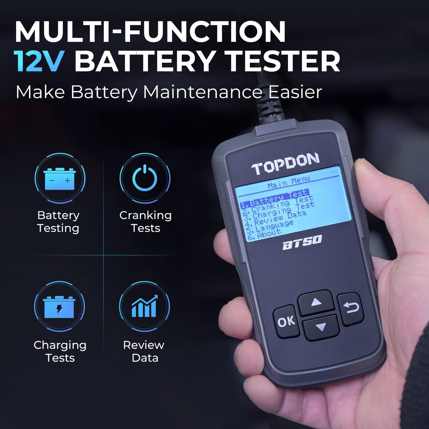 Battery Tester TOPDON BT50, 12V Car Battery Load Tester Cranking and Charging System Test Scan Tool Automotive 100-2000 CCA Digital Battery Alternator Analyzer