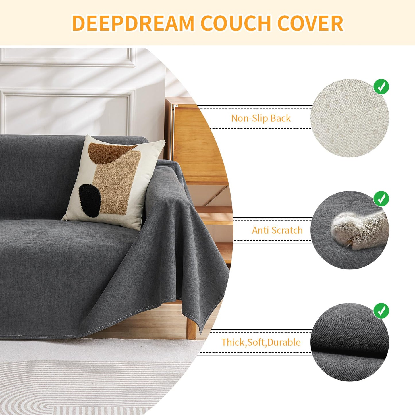Deep Dream Cat-Scratch Resistant Couch Cover, Waterproof Sofa Cover for 3 Cushion Couch Washable, Pet Friendly Couch Protectors Anti Slip Love Seat Slipcovers for Dogs Pets,71" x 118",Dark Grey