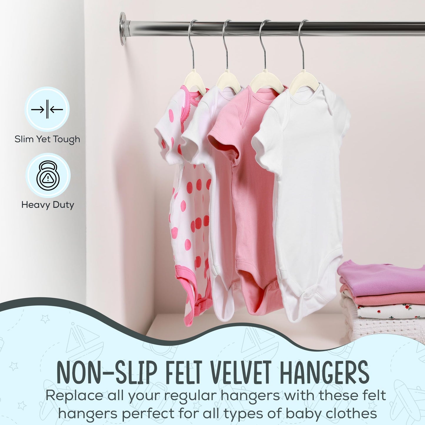 Techzoo Premium Baby Velvet Hangers 50 Pack – 11.8" Non Slip Felt Cloth Hangers for Closet – Ultra Slim, Space Saving Baby Clothes Hangers with 360° Swivel Hook Infant Hangers – Ivory