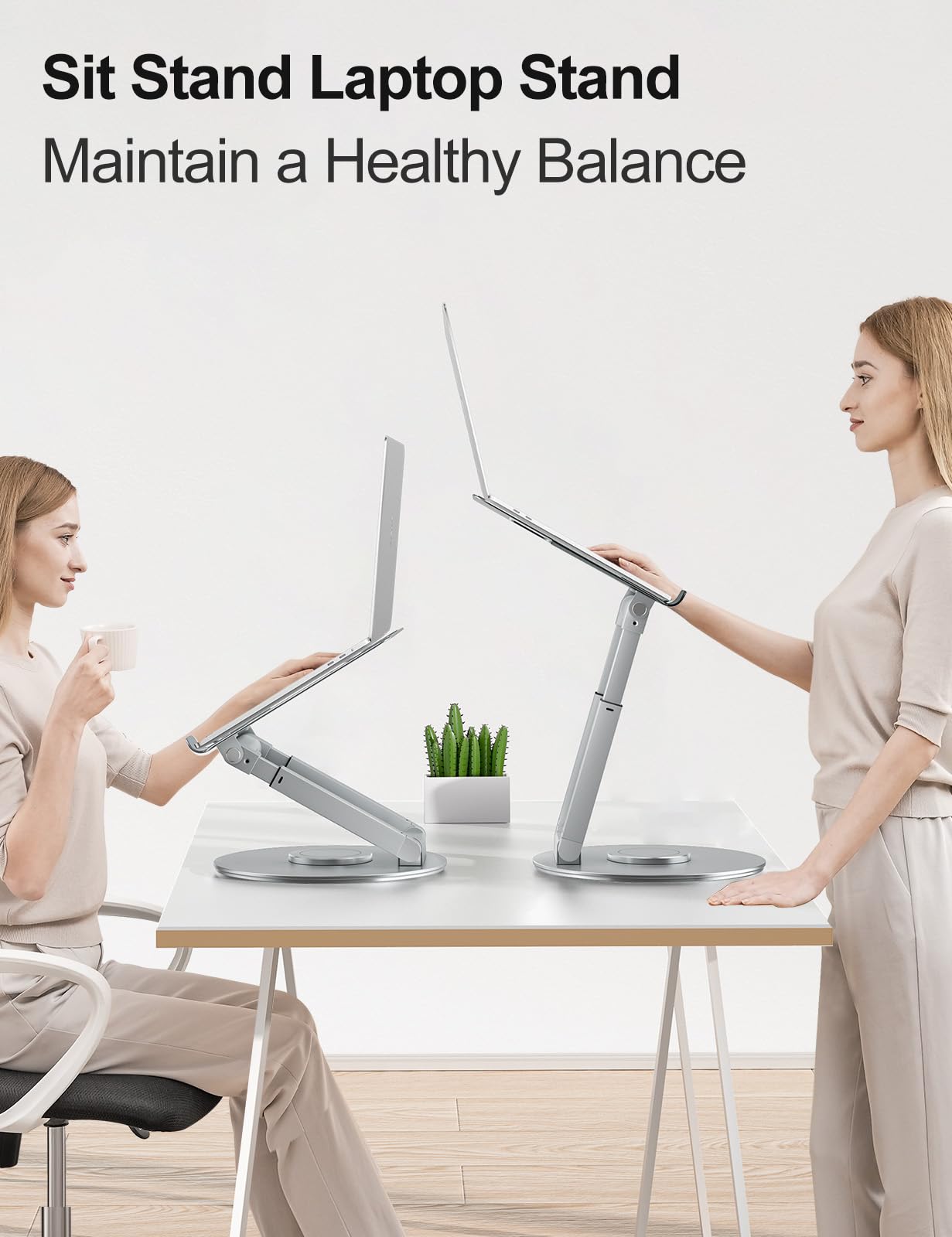 Tounee Telescopic Laptop Stand for Desk with 360° Swivel Base, Sit to Stand, Height Adjustable, Portable Riser Holder for Good Posture, Compatible with MacBook Pro, All Laptops 10-17"-Silver
