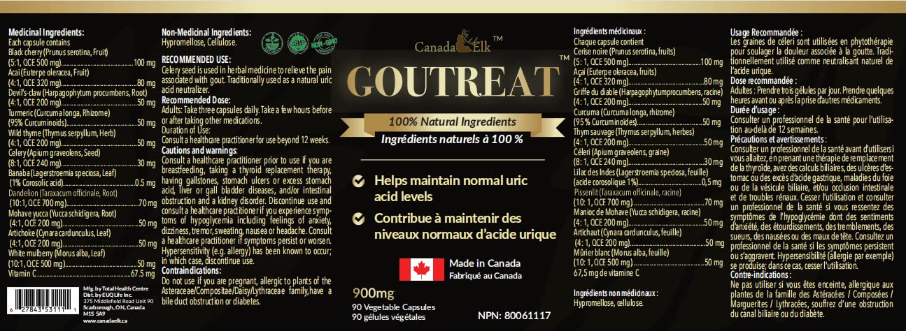 Canada Elk Goutreat - Canada's #1 Uric Acid Cleanser, Relieve the Pain and Inflammation Associated with Gout and Arthritis, 12 Natural Proven Ingredients, 270 Veggie Capsules