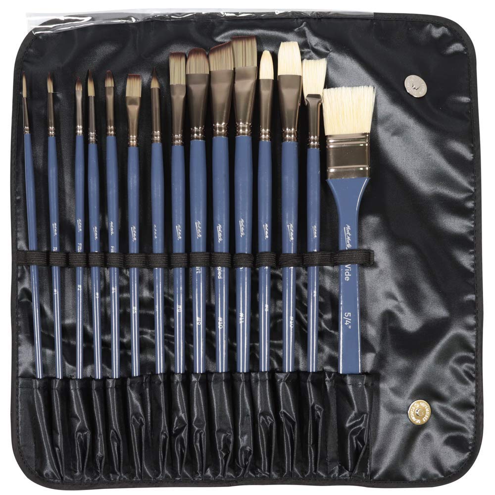 Mont Marte Premium Brush Wallet Set, 15 Piece, Includes Hog Bristle and Taklon Brushes, Great for Watercolor, Acrylic, Oil, Gouache and Tempera Painting