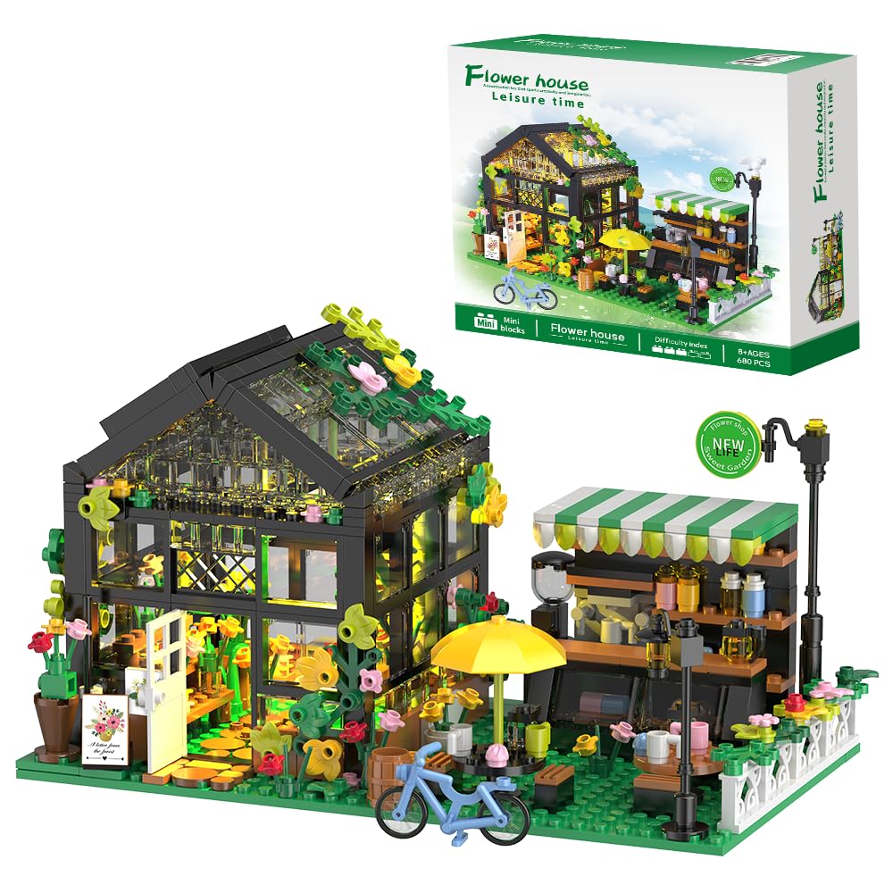 Flower House Building Set with LED, City Street House Flower Shop Building Blocks Toy, Gift for Girls 8-12 Year, Mini Brick 680pcs