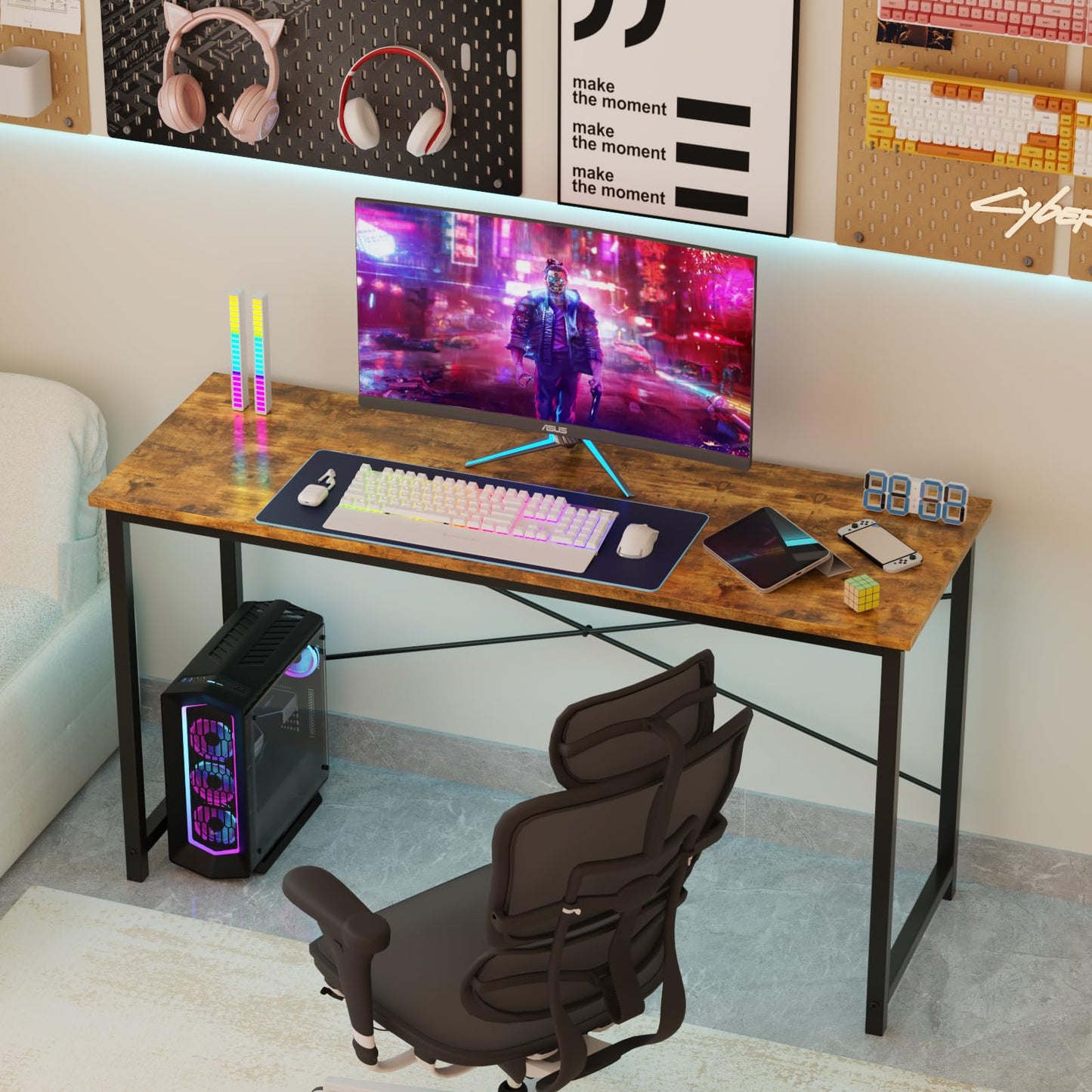 Sweetcrispy 47 Inch Computer Office Desk for Small Spaces, Writing Gaming Work Desk Modern Study Table with X-Shaped Reinforcement for Home Bedroom, Brown