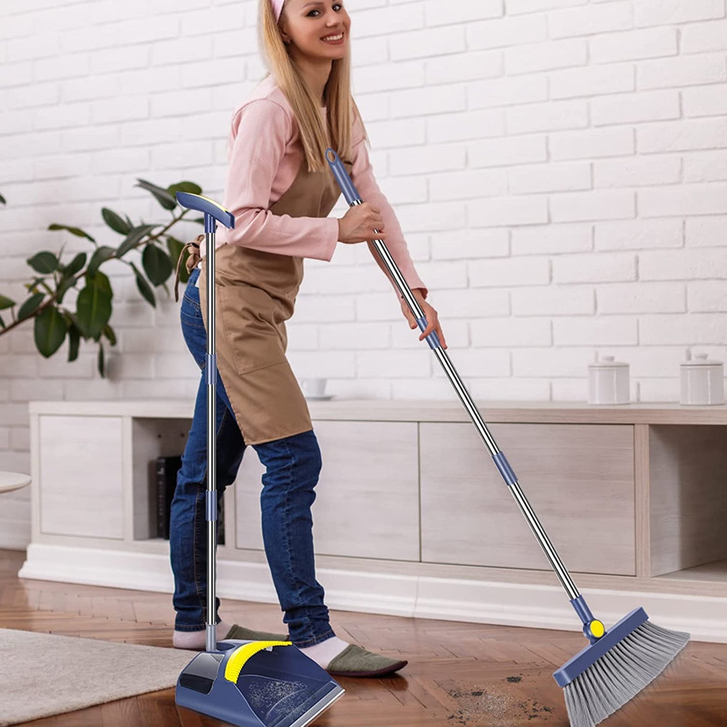 Almcmy Broom and Dustpan Set for Home, Long Handle Broom Dustpan Combo, Foldable Dustpan with Comb Teeth, Standing Broom and Dustpan Set for Home Kitchen Lobby Indoor Floor Cleaning (Navy Blue)