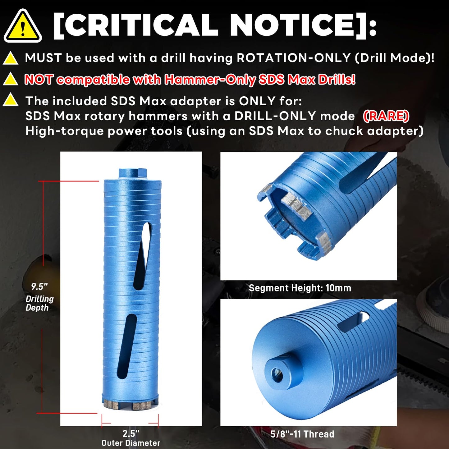 DaduoRi 2 1/2" Dry Core Drill Bit, 5/8"-11 Thread, with 3 Adapters Included: SDS Plus, SDS Max and 1/2" Hex Shank; 9.5" Drill Depth, 2.5 inch Diamond Core Bits for Concrete Brick Block and Masonry