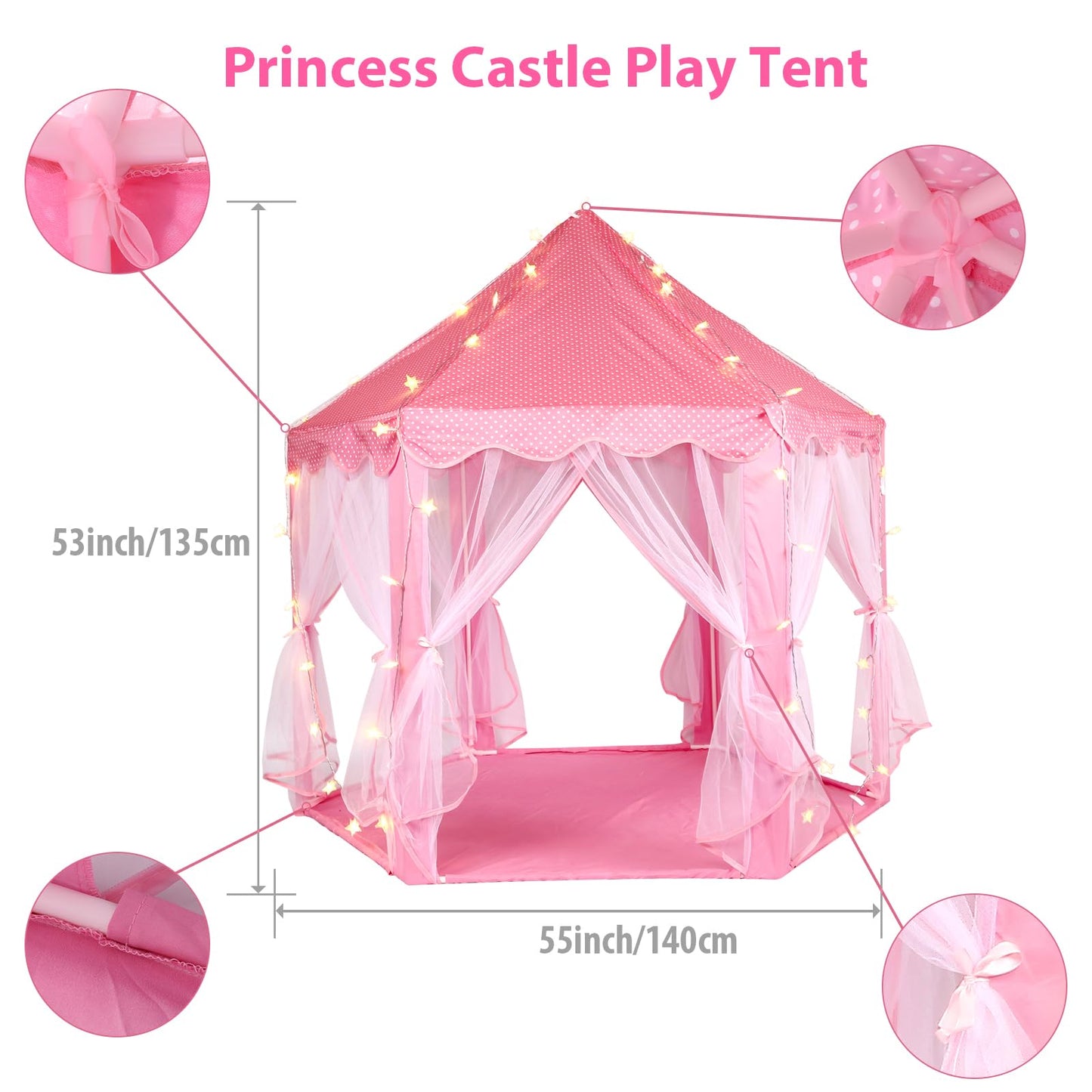 Princess Tent with Rug,Pink Play Tent for Girls,Princess Castle Playhouse for Kids Indoor or Outdoor Games,55x 53 inches