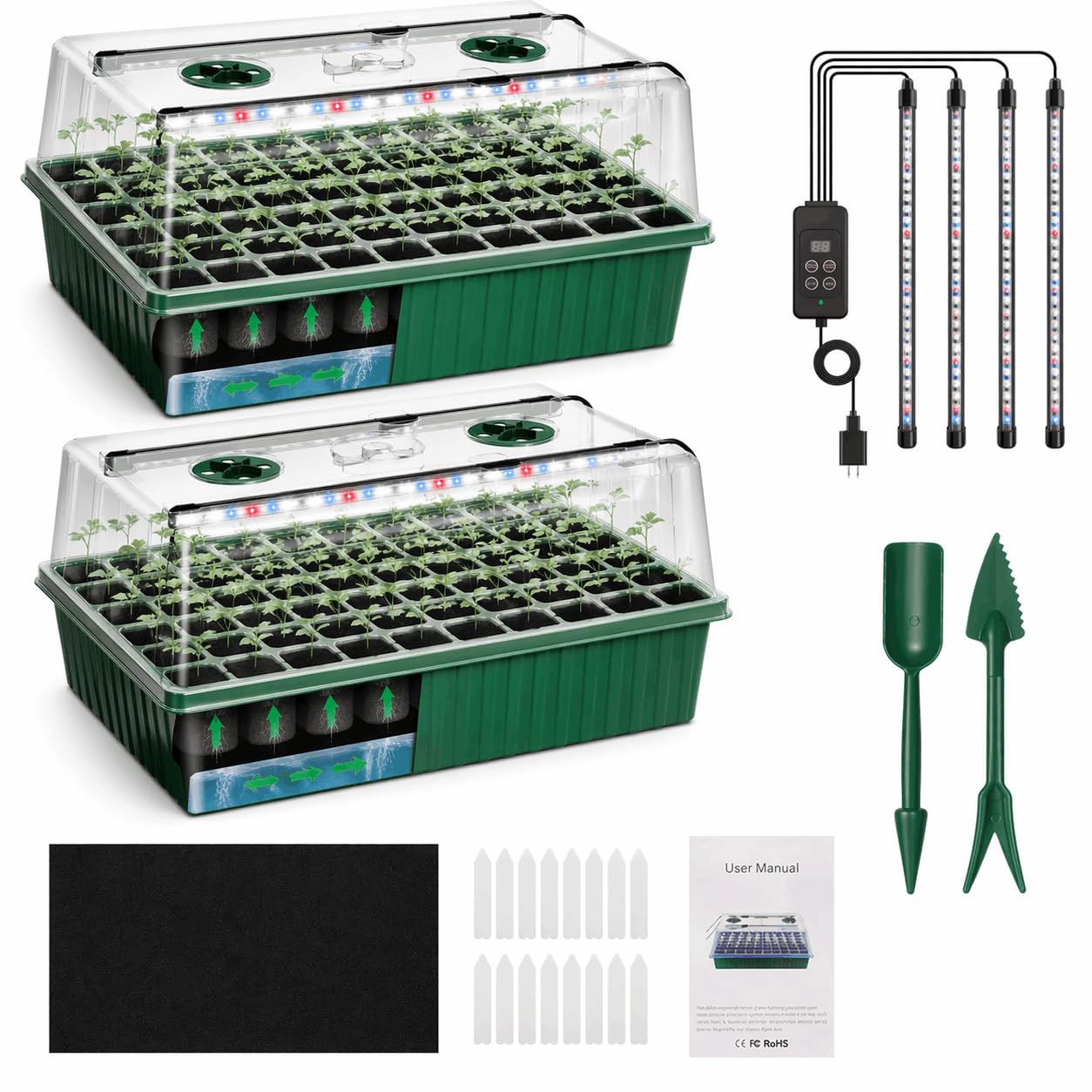 Self Watering Seed Starter Tray with Grow Light, 120 Cells Germination Station with Adjustable Timer, Seedling Starter Kit for Indoor Plants, High Lid Humidity Dome & Capillary Mat for Seed Growing