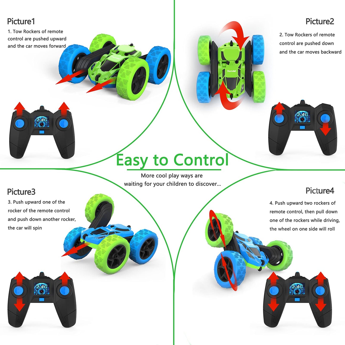 Hamdol Remote Control Stunt Car for Kids, 360° Rotating Double-Sided RC Car with LED Headlights, 4WD 2.4GHz Electric Rechargeable Toy Vehicle for Boys and Girls, Perfect Birthday