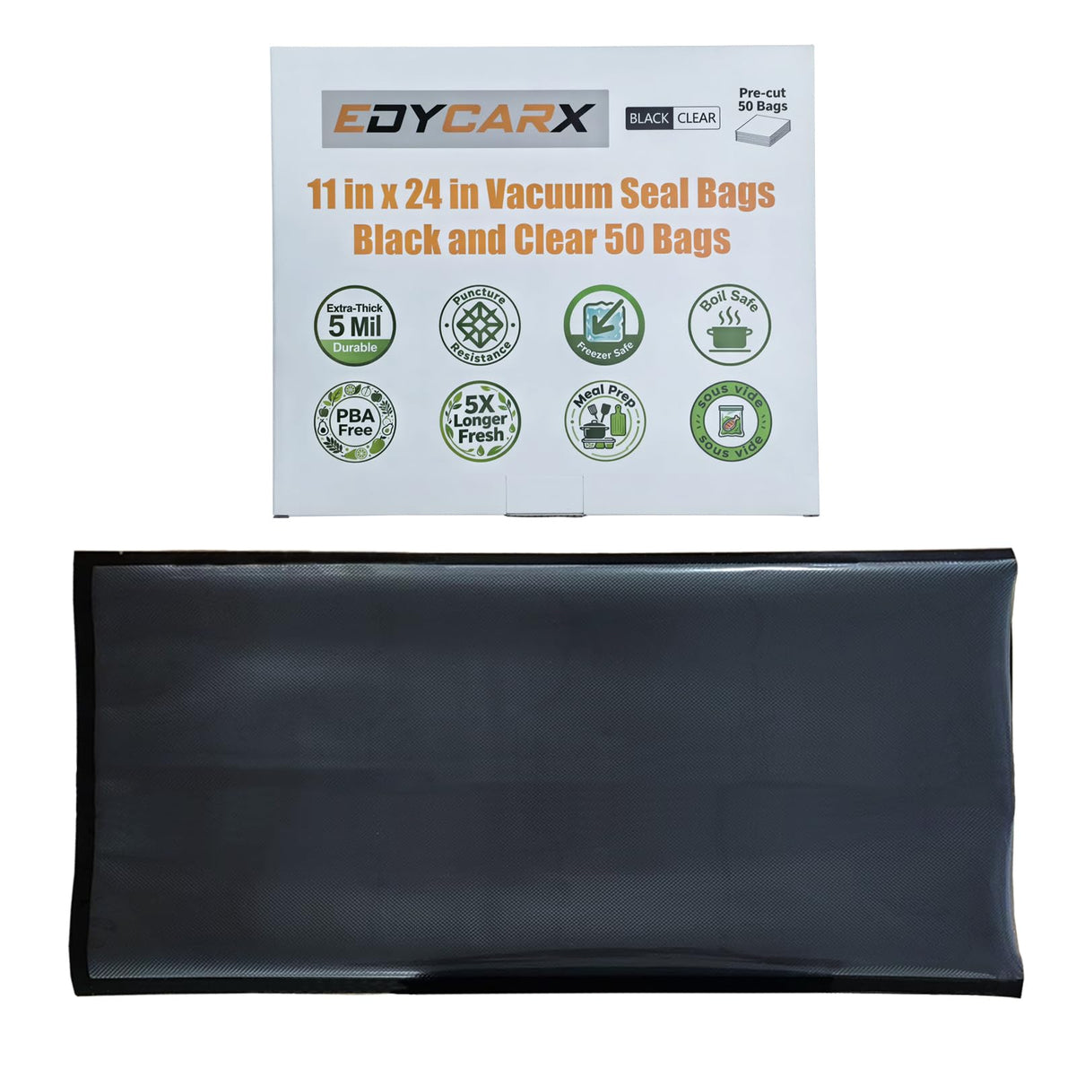 EDYCARX 11" x 24" Vacuum Seal Bags Black and Clear, Precut Vacuum Sealer Bags for Food Storage, Heavy Duty Commercial Grade 5 Mil Vacuum Bags, 50 Count