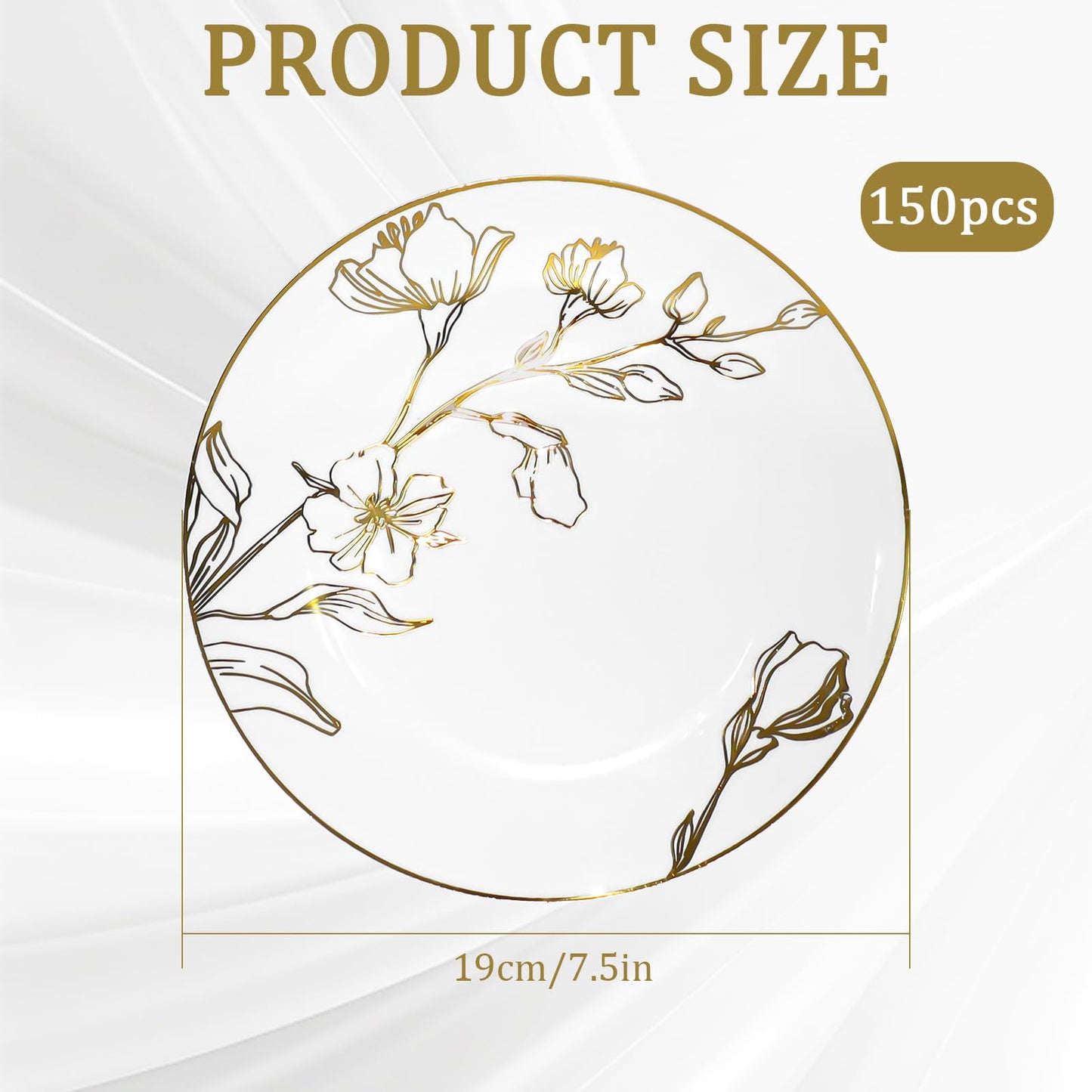 150Pcs Plastic Party Plates, 7.5 Inch Disposable Dinner Plates with White & Gold Rim Floral, Dessert Appetizer Elegant Fancy Wedding Plates Gold Plastic Plates for Party Holiday