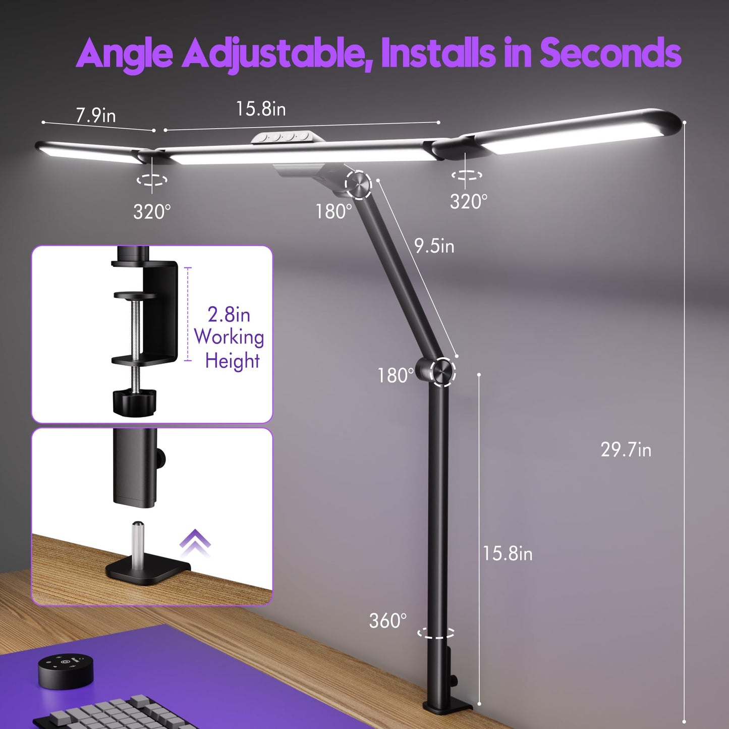Quntis 32.5" Desk Lamp with 3-Adjust Light Bar, Backlight & Motion Sensor, Remote & Touch Control Architect Desk Light with Clamp,1100LM Glare-Free,Timer, 4 Color Dimming Monitor Light for Home Office