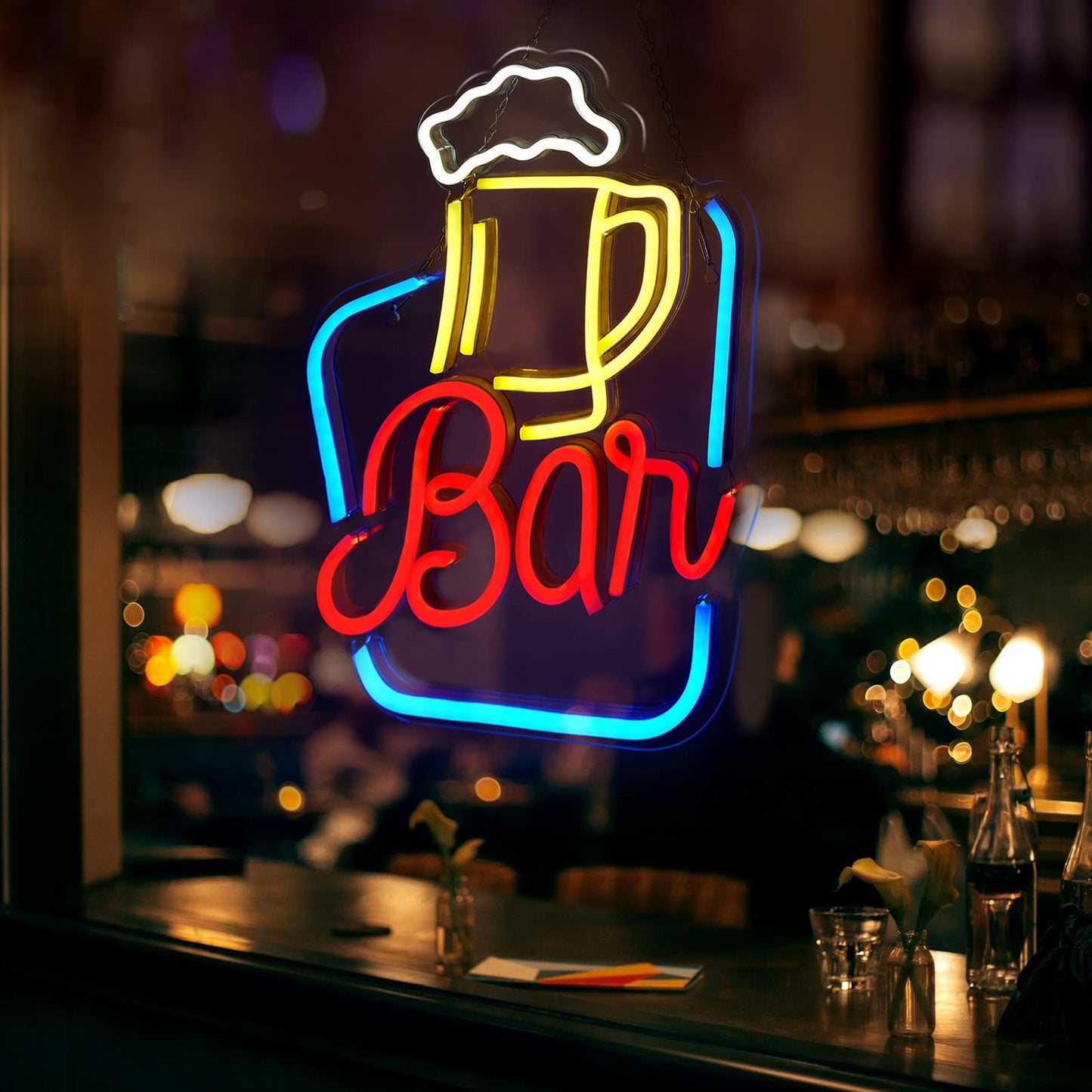 FITNATE Bar Neon Sign, LED Neon Light Sign 17x10.8‘’ USB Powered Decorative Bar Open Sign for Home Bar Store Party Decor, Includes Business Hours Sign