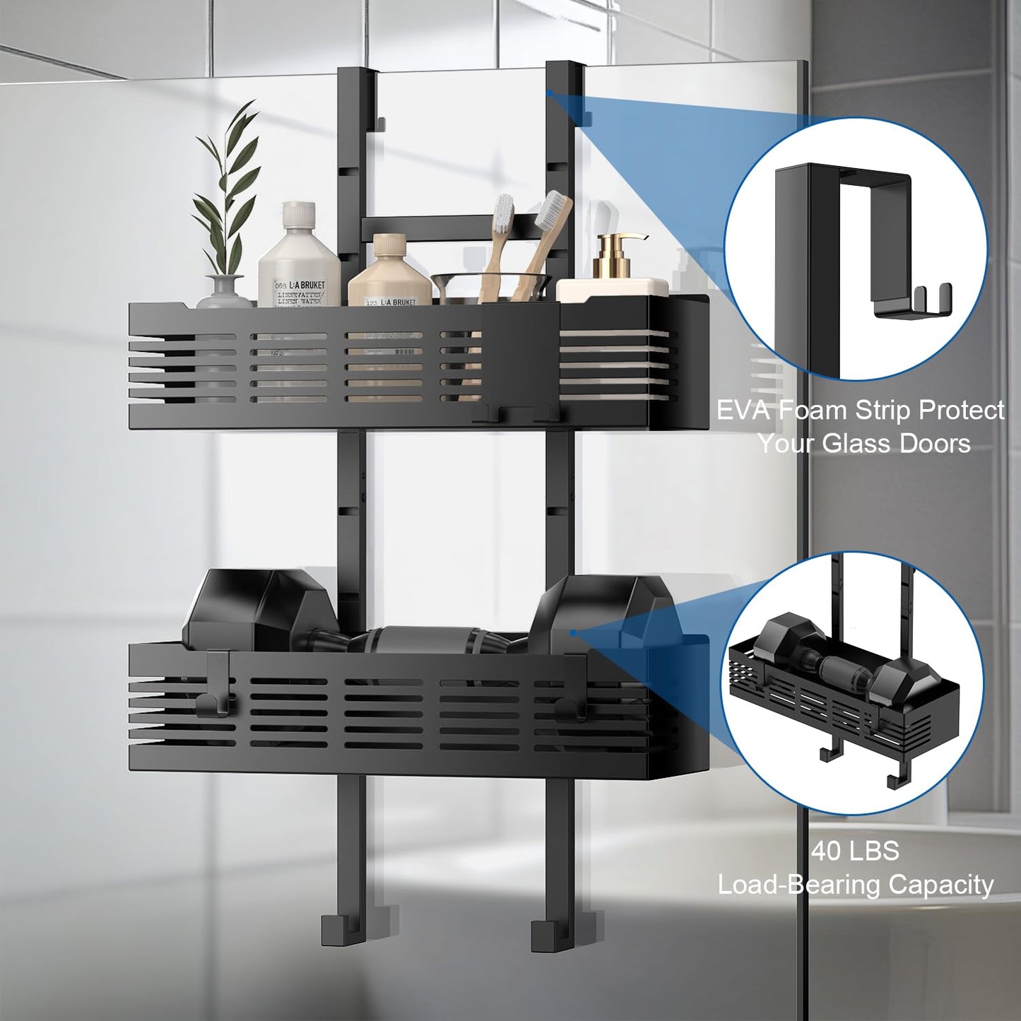 Hodzeed Shower Caddy Hanging Over The Door, Rustproof Shower Shelves with Hooks Black Shower Rack Hanging Shower Organizer Shelf 2 Tier No Drilling Bathroom Shelf Over the Door for Dorm,Toilet,Kitchen