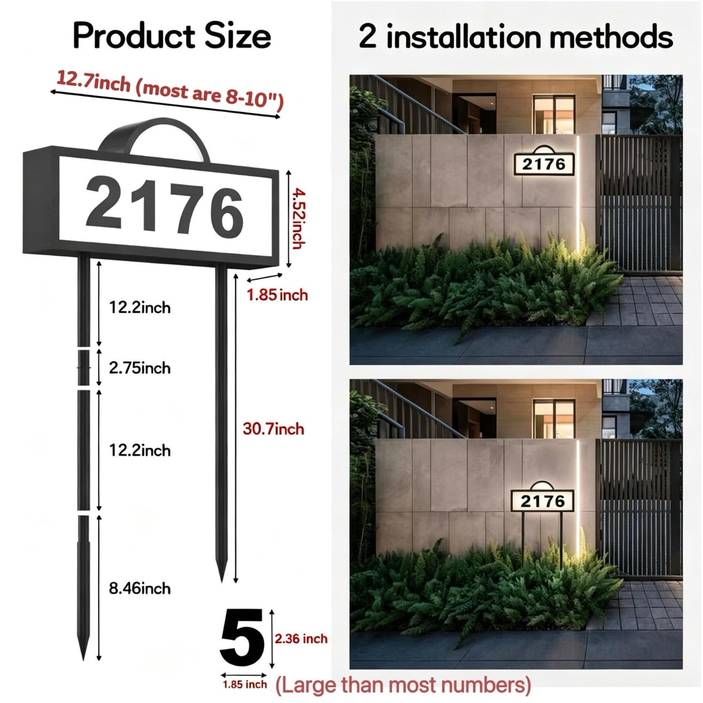 Solar House Numbers for Outside, IP65 Waterproof Address Sign with Auto On/Off, Dual-Color (Warm White& Cool White) Illuminated LED Plaque, 2-in-1 Mount for Yard, Garden & Driveway