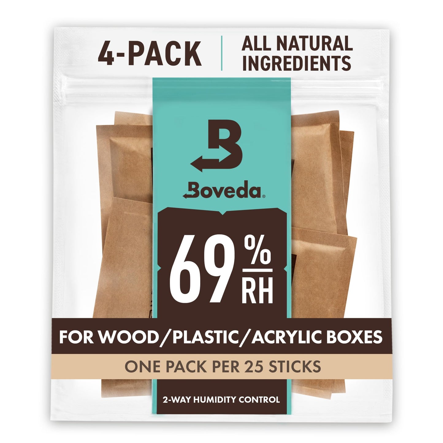 Boveda 69% Two-Way Humidity Control Packs For Plastic and Wood Containers Size 60 – 4 Pack – Moisture Absorbers – Humidifier Packs – Hydration Packets in Resealable Bag