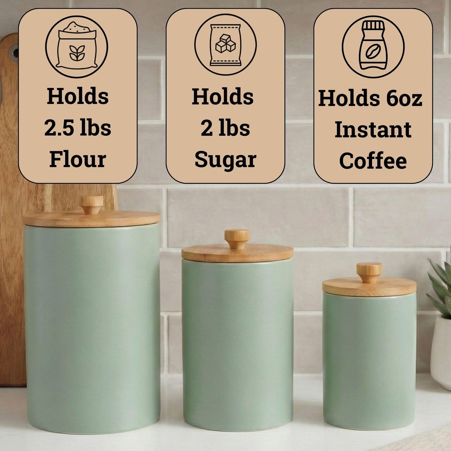 Ceramic Kitchen Canisters for Countertop Set of 3 with Airtight Bamboo Lids - Sage Kitchen Canisters with Airtight Lids - Flour Sugar Canister Set - Flour and Sugar Containers Farmhouse - Coffee Jar