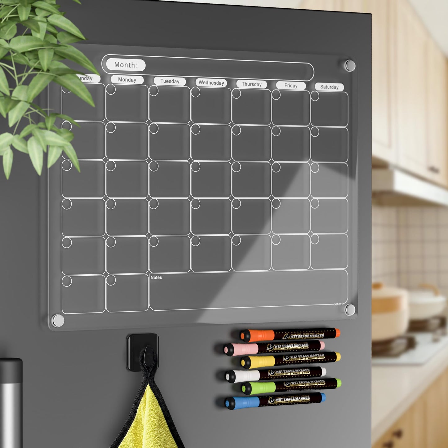 Acrylic Magnetic Dry Erase Calendar for Fridge Clear Monthly Whiteboard Planner Erasable Planning Board White 16" x 12" w/ 6 Color Wet Erase Marker