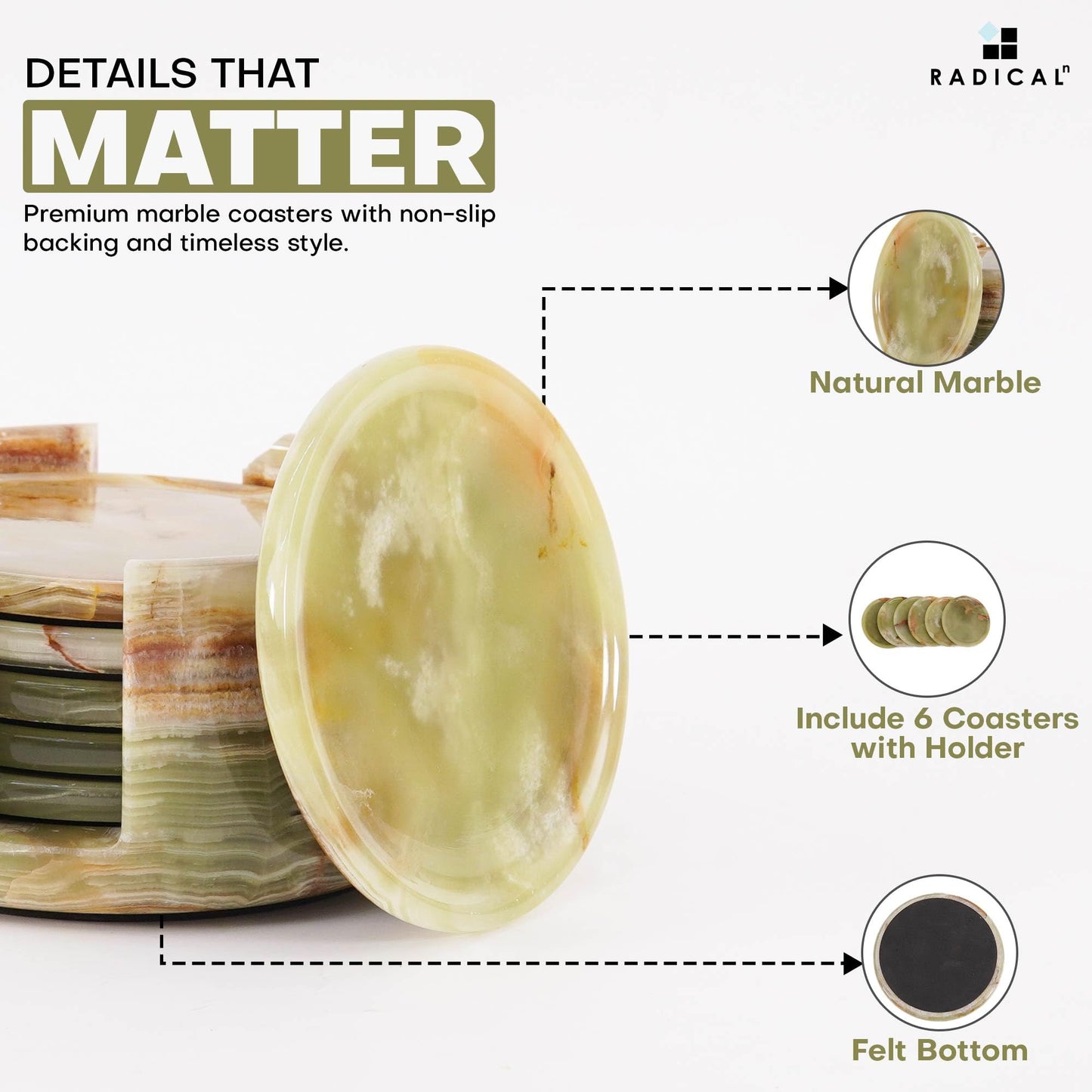 Marble Coasters Set of 6 Green Onyx 3.5 Inch with Holder Natural Stone Drink Coasters for Coffee Table, Luxury Round Cup Coasters for Home Decor, Bar & Housewarming Gifts