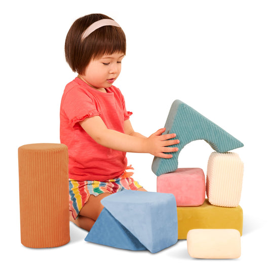 B. Toys – Sensory Foam Building Blocks for Kids – 8– Pieces Textured Stacking Toys for Babies 6– 12 Months – Soft Geometric Shapes with Tactile Fabric Cover – Foam Blocks for Toddlers