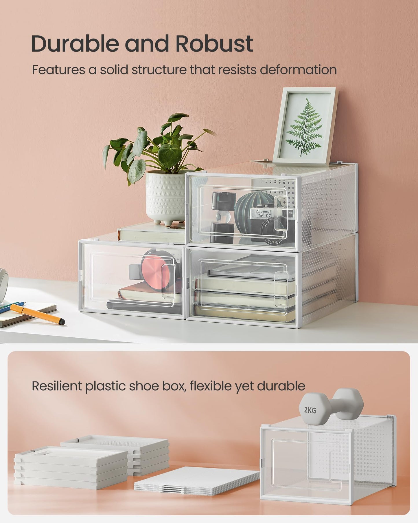 SONGMICS Shoe Boxes, Set of 18 Shoe Storage Organizers, Stackable and Foldable for Sneakers, Fit up to US Size 11, Transparent and White ULSP18SWT