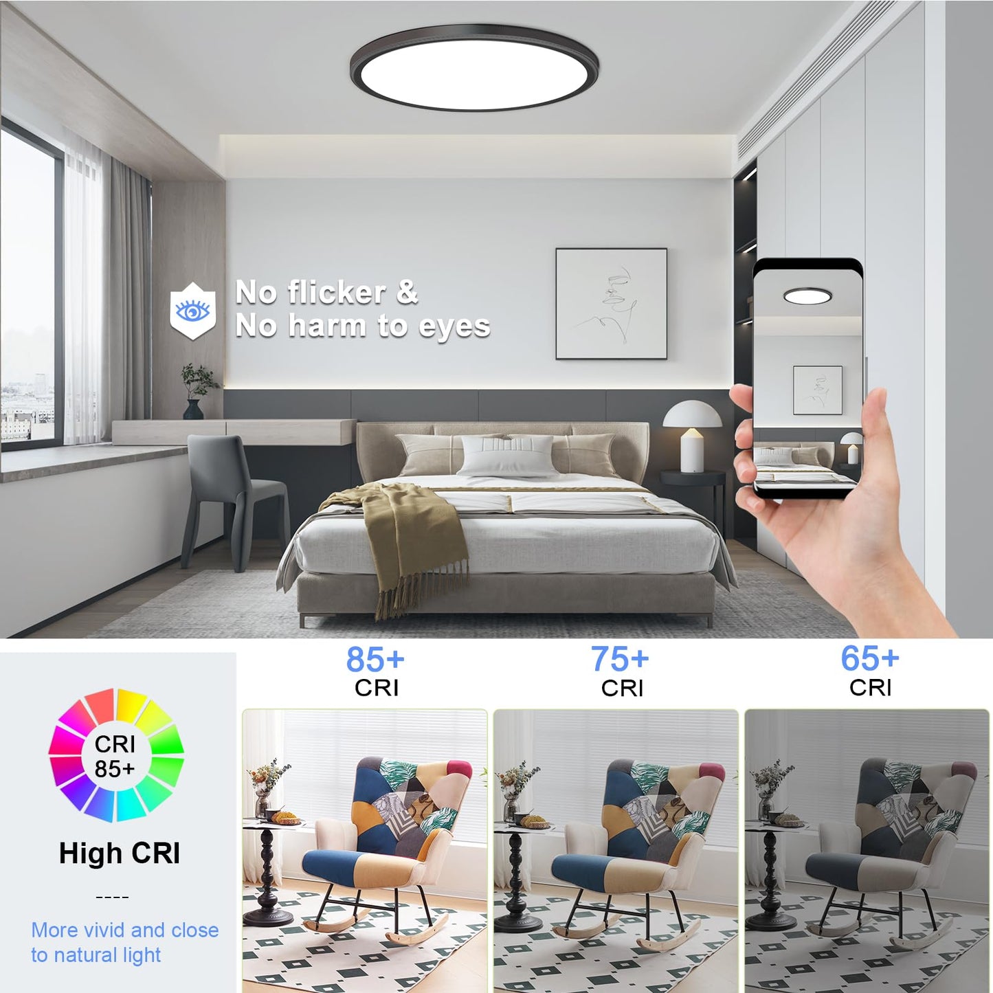 2 Pack 12 Inch LED Flush Mount Ceiling Light Fixture 28W 3200LM Dimmable 5 Color Temperature in One 3000K/3500K/4500K/5000K/6000K Slim Round Ceiling Lamp for Living Bedroom Kitchen Laundry Black