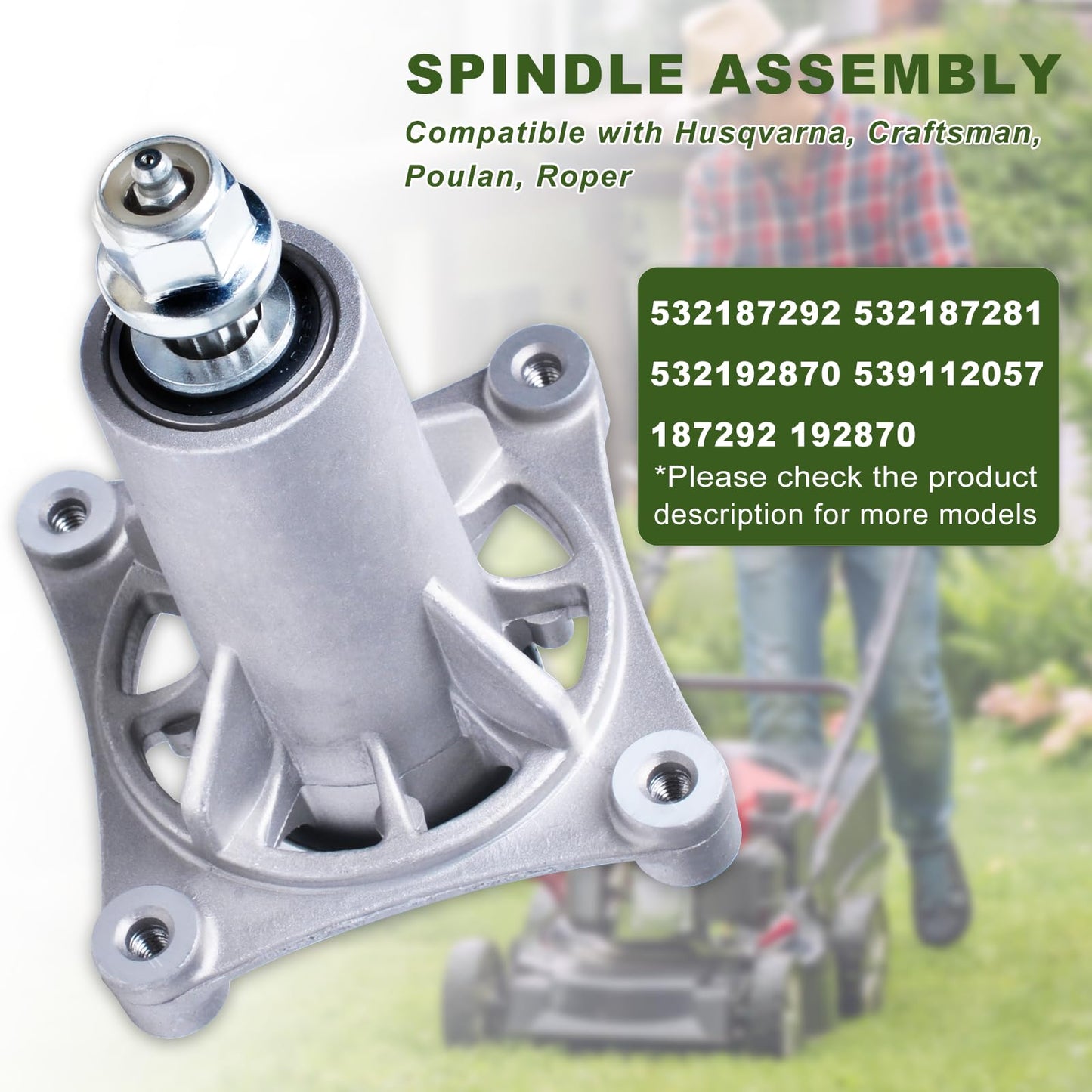 Podoy 532187292, 187292, 192872 Lawn Mower Deck Spindle Assembly for Crafts-man Husqvarn Poulan 192870, 532187292,532192870 567253301 587819701Lawn Mower Parts, Fits 42", 46", 48", 54" Decks