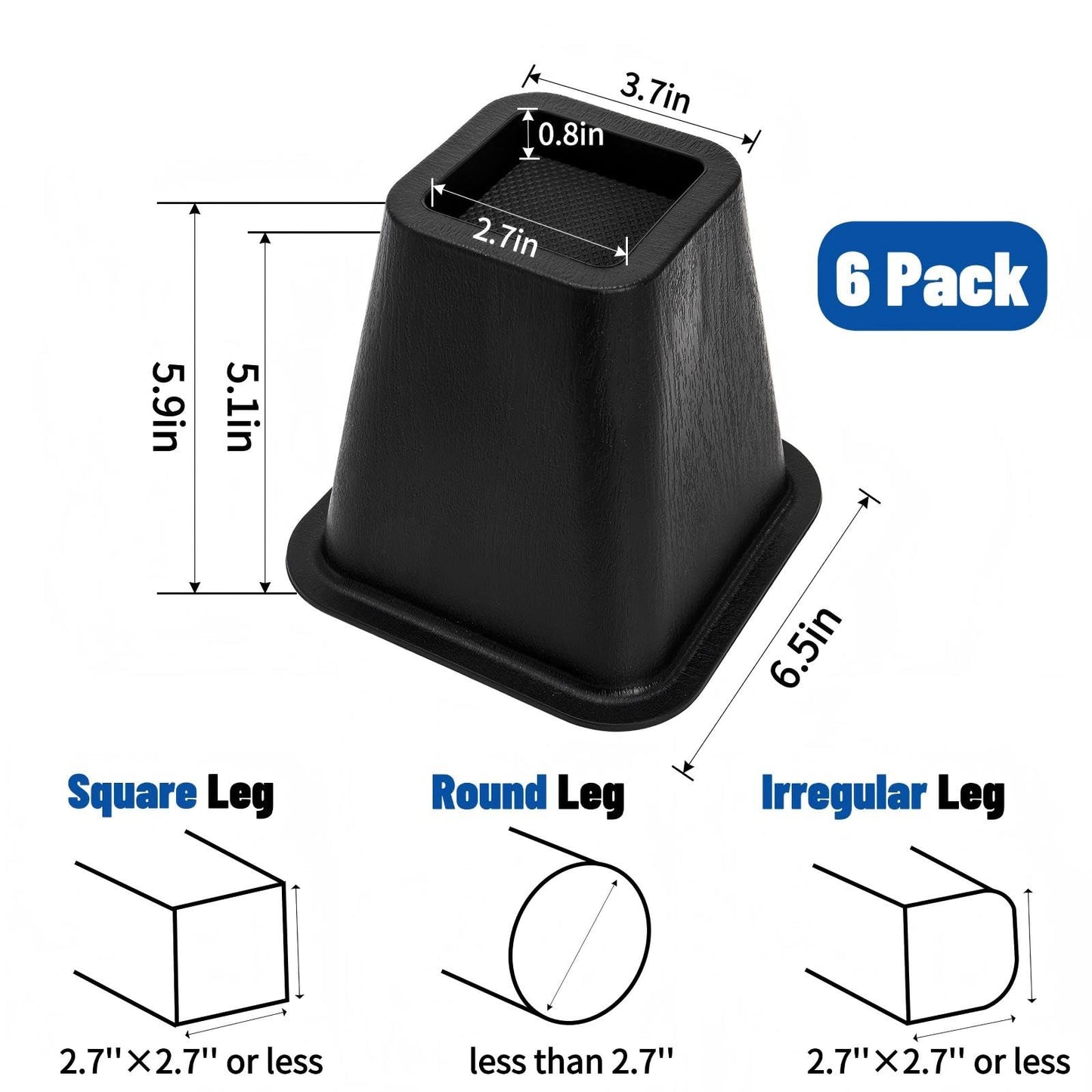 Mezchi 6 Pack Bed Furniture Risers, 6 inch Heavy Duty Couch Lift Risers for Sofa, Chair, Cabinet, Desk, Durable ABS Plastic, Premium Quality, Supports up to 2200 lbs, Black