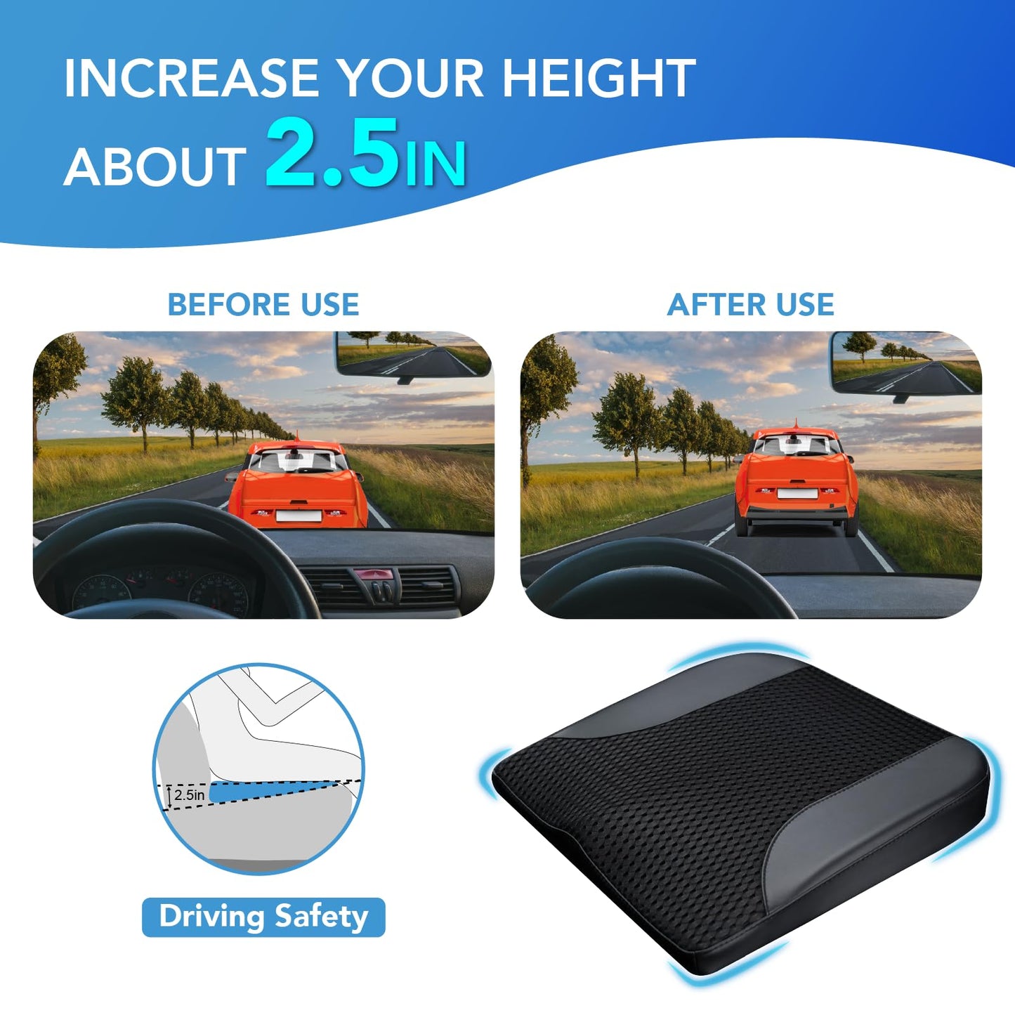Car Seat Cushion: Comfortable Memory Foam Car Seat Cushion for Driving - for Sciatica-Tailobone Pain Relief - Seat Cushion for Car-Truck, Office, Wheelchair - Black Leather & 4D Mesh
