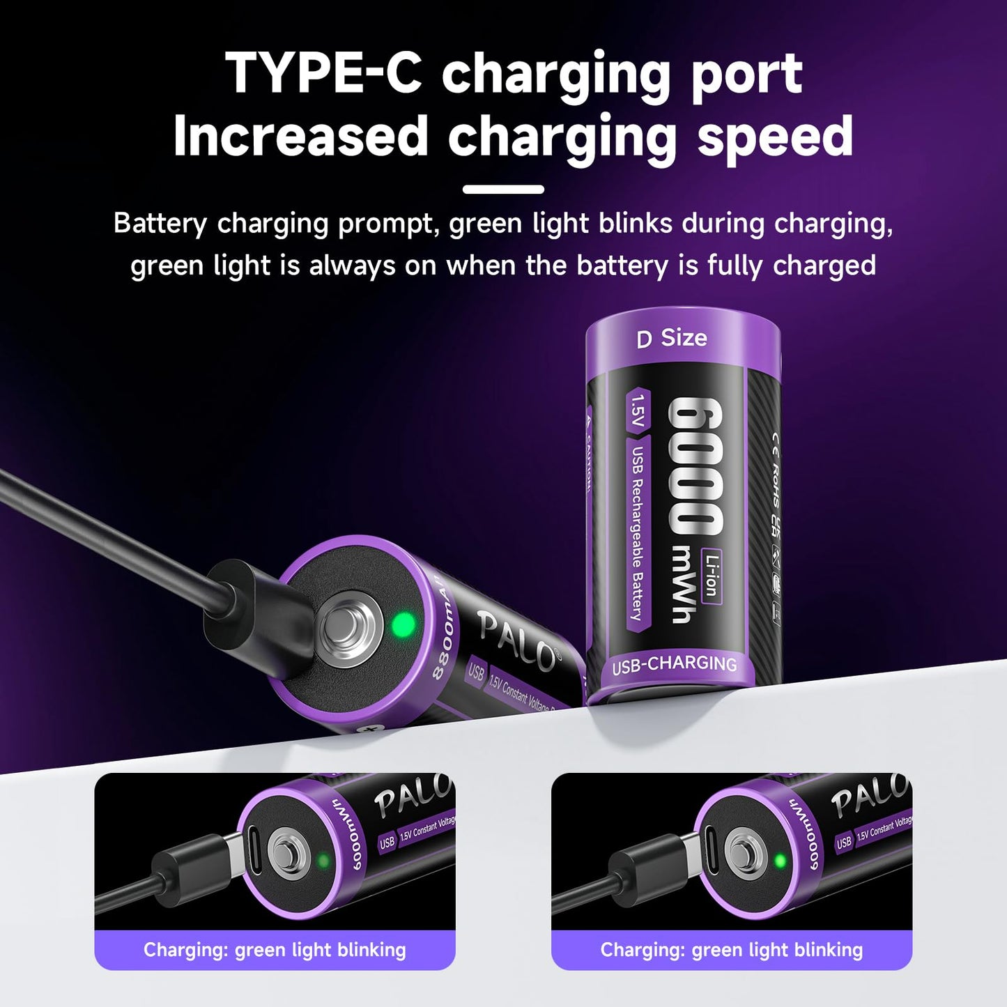 Rechargeable C Batteries 4 Pack, 1.5V C/lr14 Cell Batteries with USB-C Charging Cable, 6000mWh Size C Battery for for Flashlights, Toys, Clocks